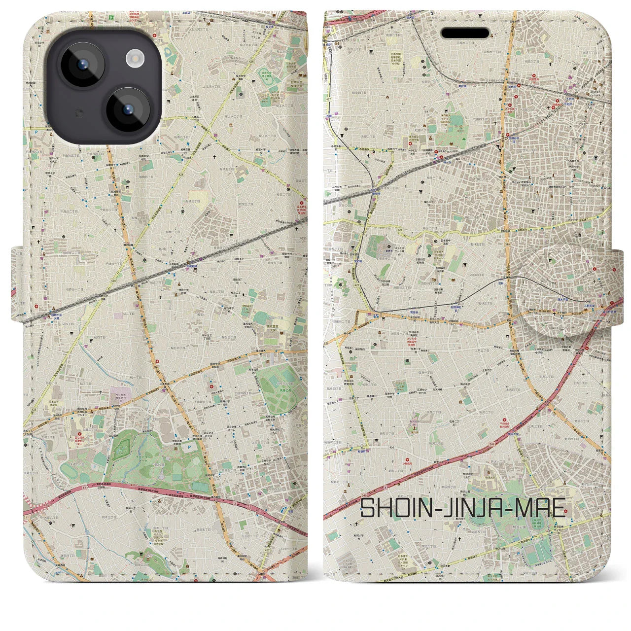 【松陰神社前(東京都)】地図柄iPhoneケース(手帳タイプ)ナチュラル・iPhone 14 Plus 用
