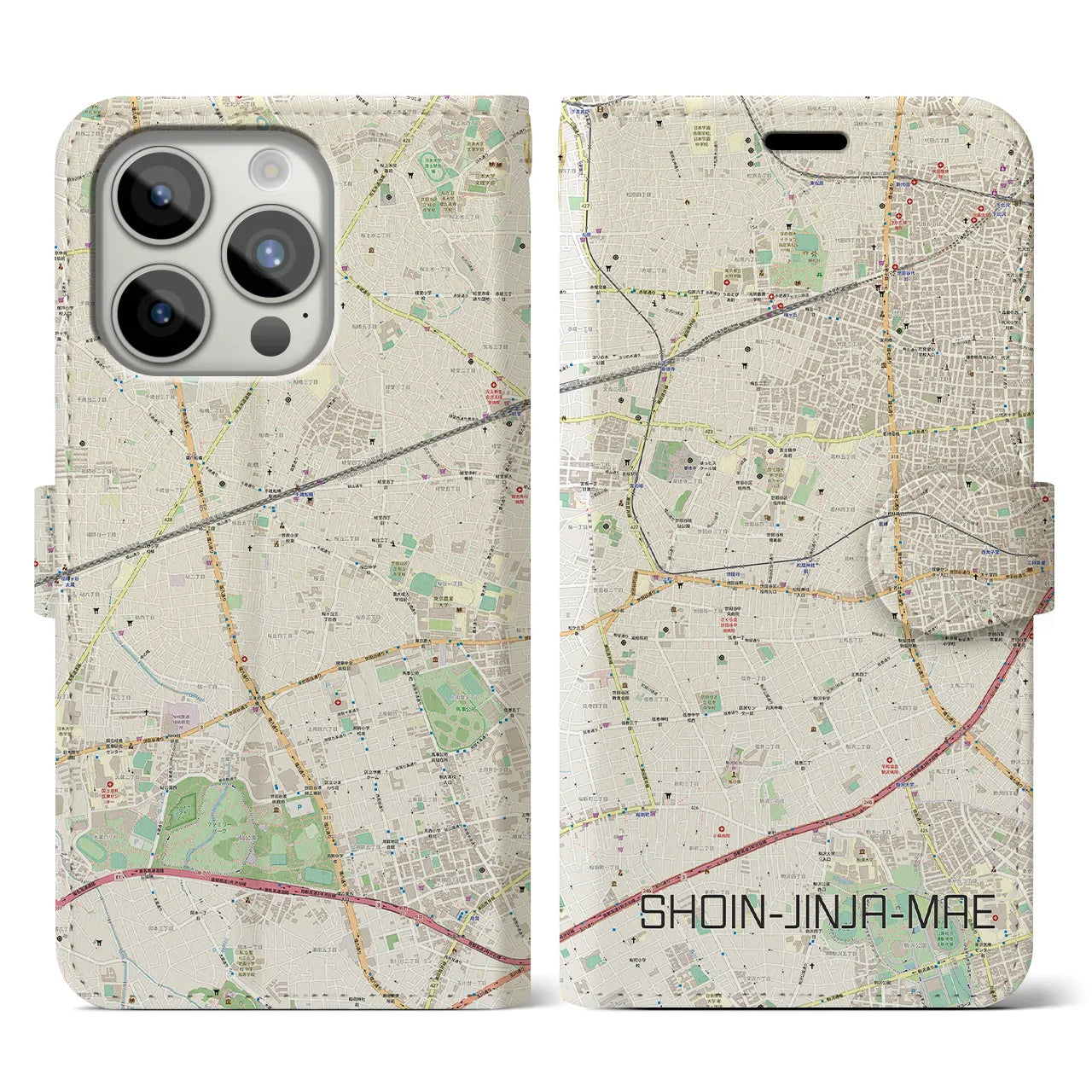【松陰神社前(東京都)】地図柄iPhoneケース(手帳タイプ)ナチュラル・iPhone 15 Pro 用