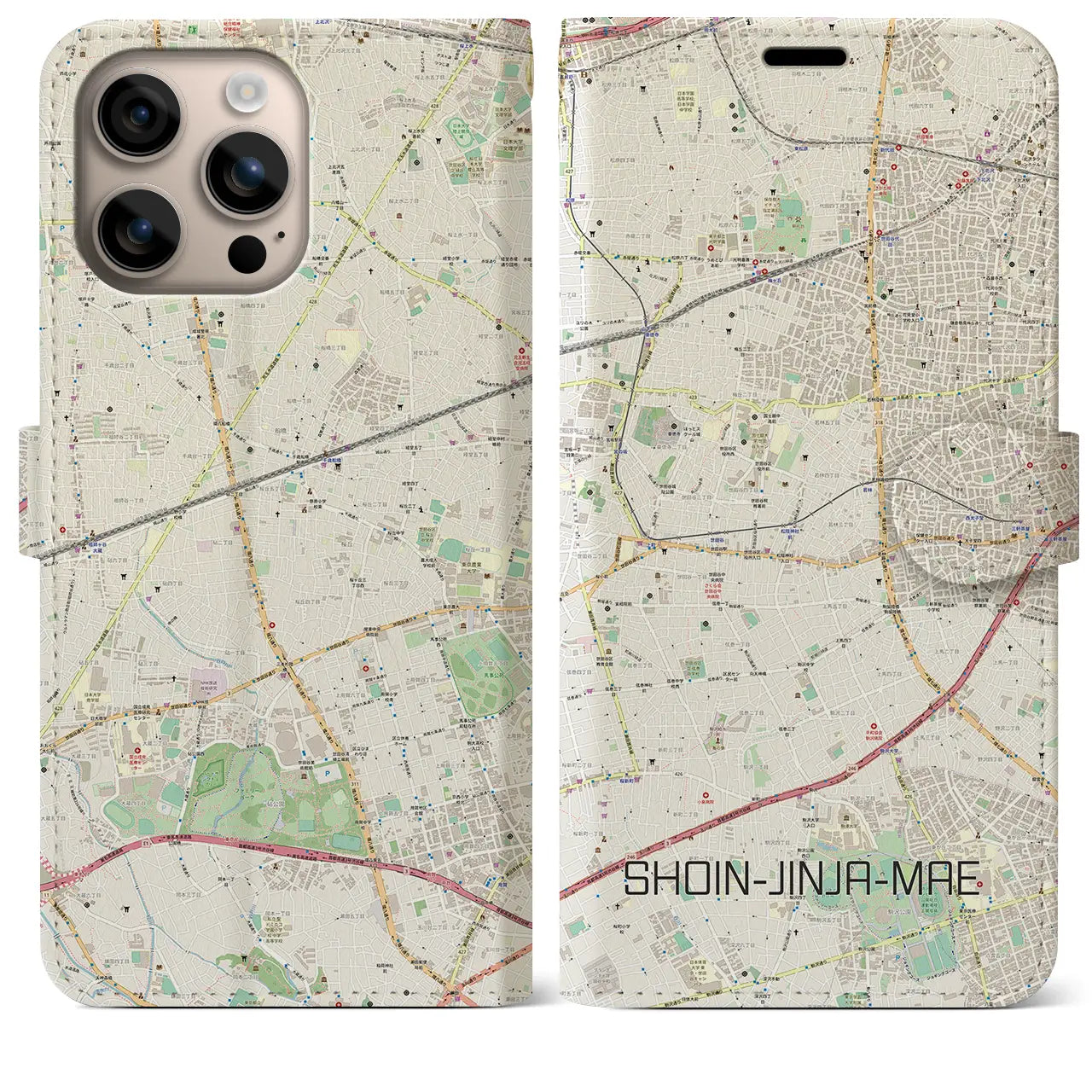 【松陰神社前(東京都)】地図柄iPhoneケース(手帳タイプ)ナチュラル・iPhone 16 Plus 用
