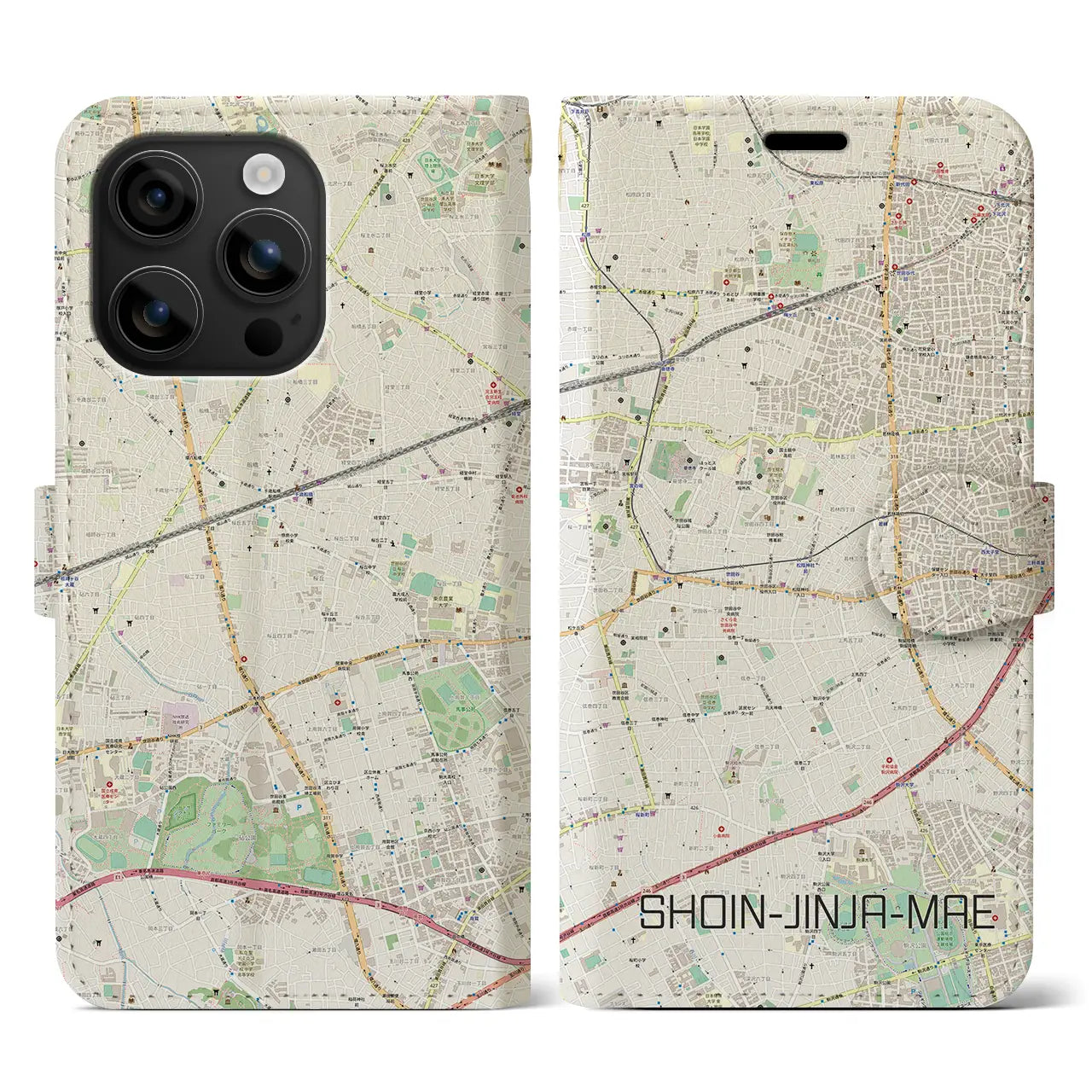 【松陰神社前(東京都)】地図柄iPhoneケース(手帳タイプ)ナチュラル・iPhone 16 用