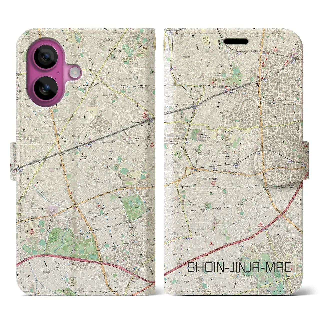 【松陰神社前(東京都)】地図柄iPhoneケース(手帳タイプ)ナチュラル・iPhone 16 Pro 用