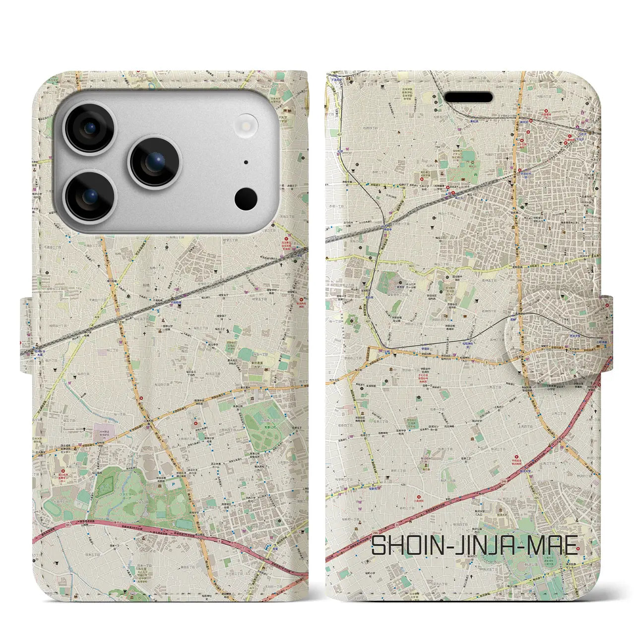 【松陰神社前(東京都)】地図柄iPhoneケース(手帳タイプ)ナチュラル・iPhone 17 Pro Max 用