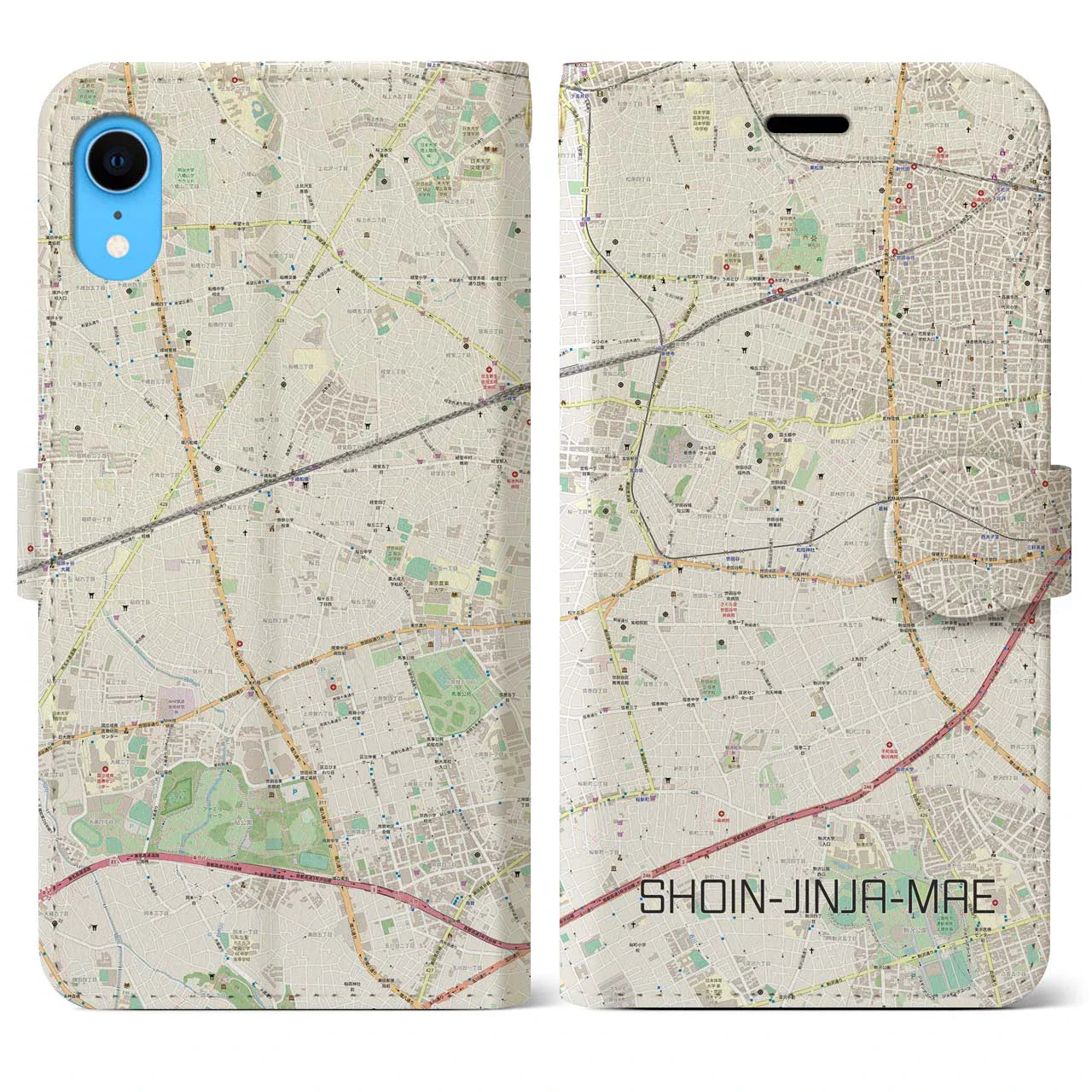 【松陰神社前(東京都)】地図柄iPhoneケース(手帳タイプ)ナチュラル・iPhone XR 用