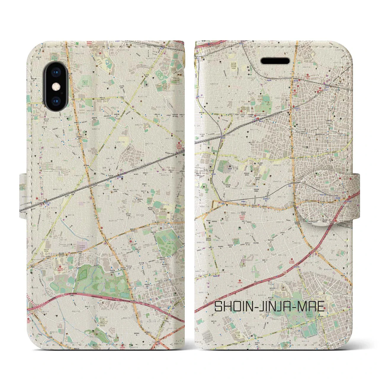 【松陰神社前(東京都)】地図柄iPhoneケース(手帳タイプ)ナチュラル・iPhone XS / X 用