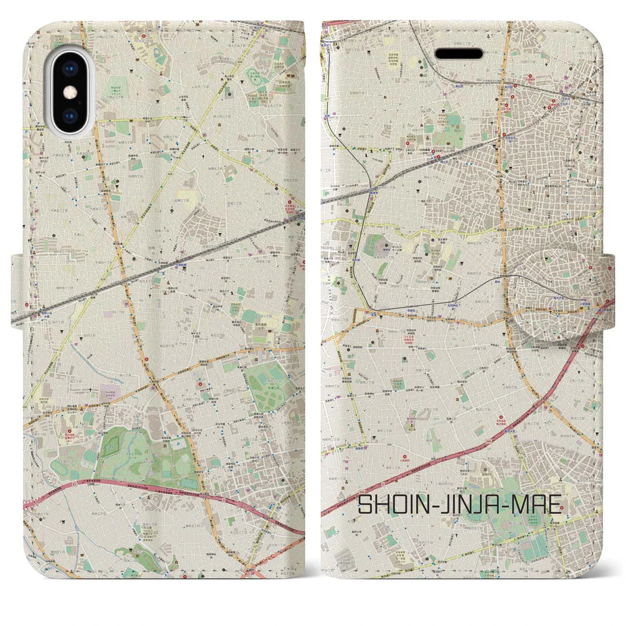 【松陰神社前(東京都)】地図柄iPhoneケース(手帳タイプ)ナチュラル・iPhone XS Max 用