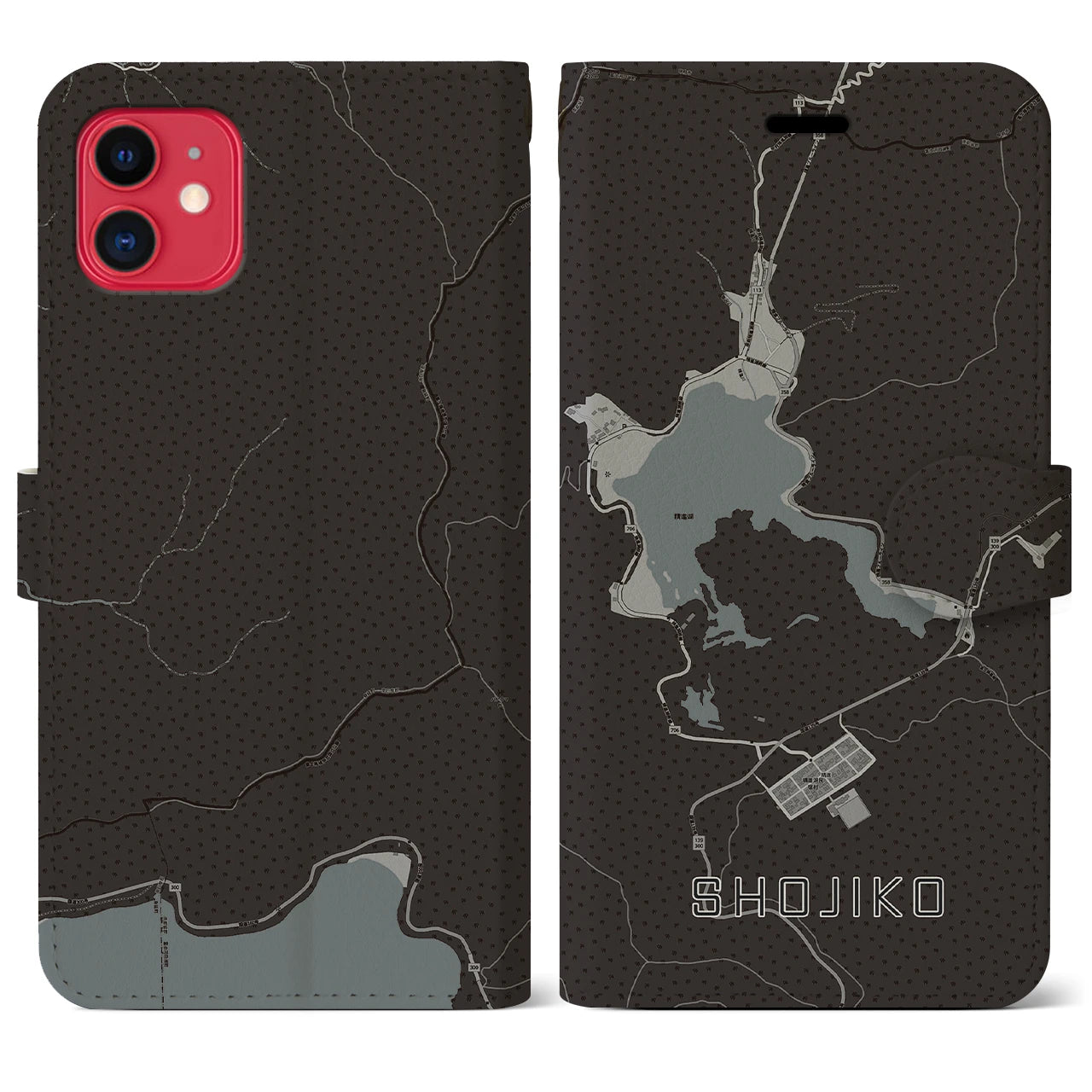 【精進湖(山梨県)】地図柄iPhoneケース(手帳タイプ)モノトーン・iPhone 11 用