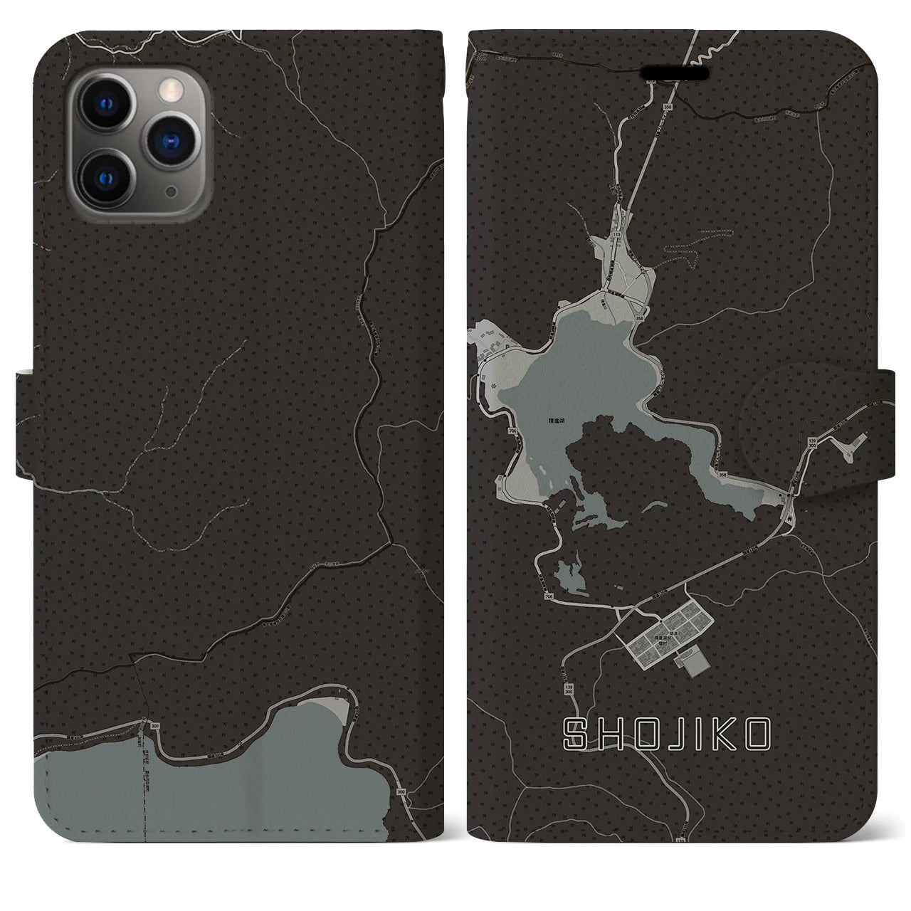 【精進湖(山梨県)】地図柄iPhoneケース(手帳タイプ)モノトーン・iPhone 11 Pro Max 用