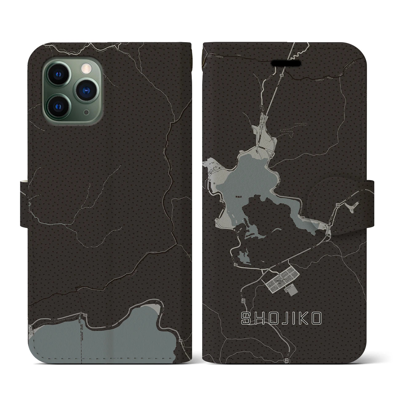 【精進湖(山梨県)】地図柄iPhoneケース(手帳タイプ)モノトーン・iPhone 11 Pro 用