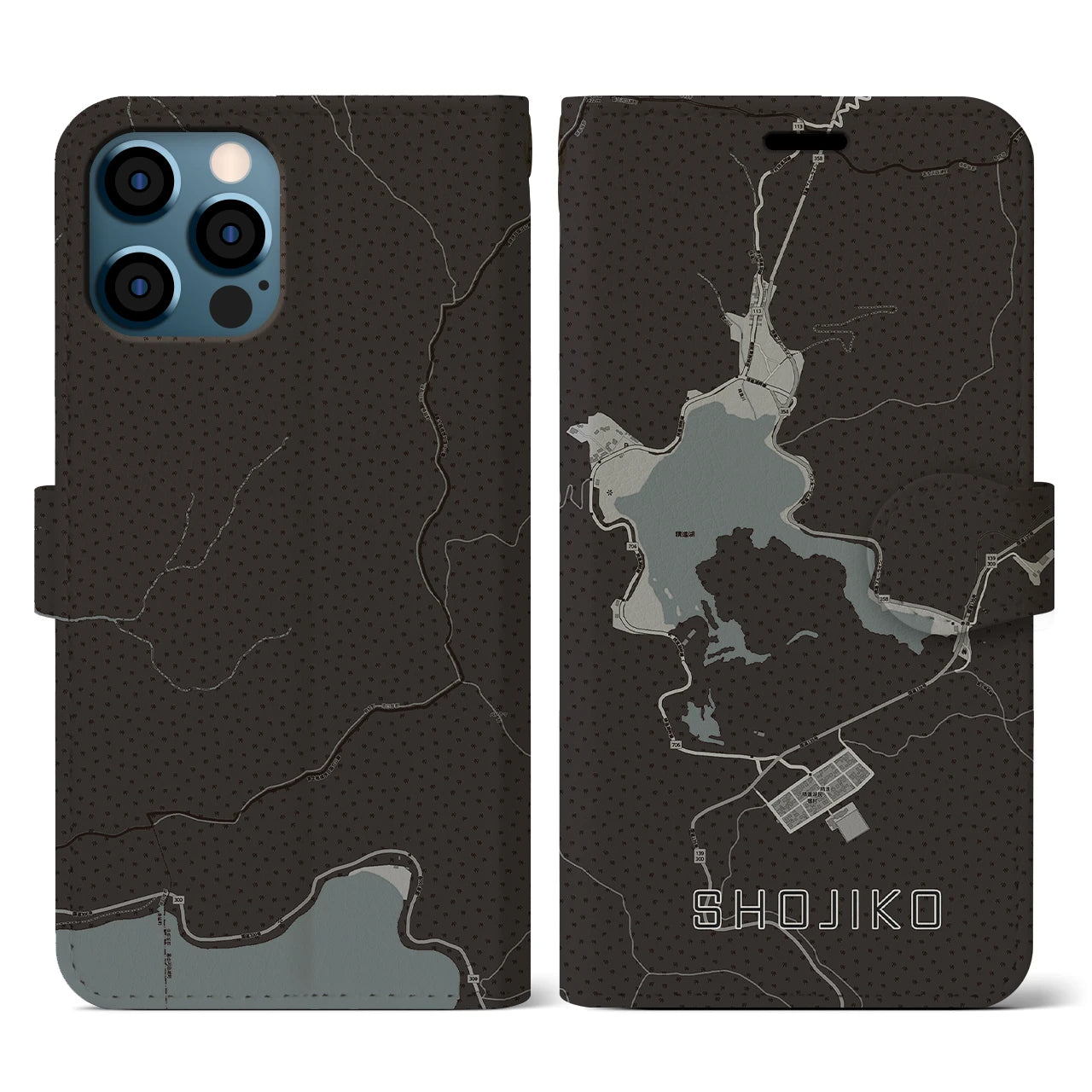 【精進湖(山梨県)】地図柄iPhoneケース(手帳タイプ)モノトーン・iPhone 12 / 12 Pro 用