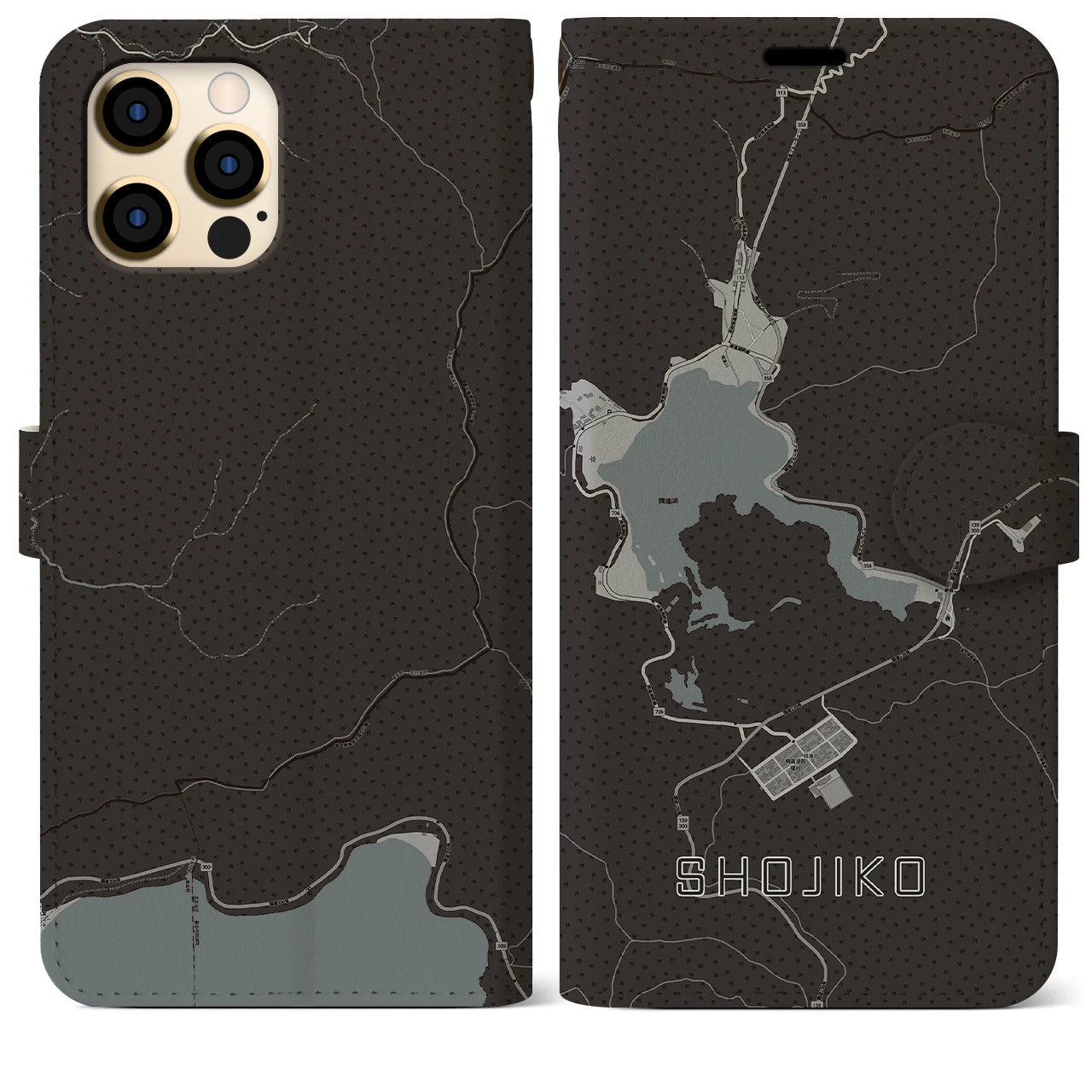 【精進湖(山梨県)】地図柄iPhoneケース(手帳タイプ)モノトーン・iPhone 12 Pro Max 用
