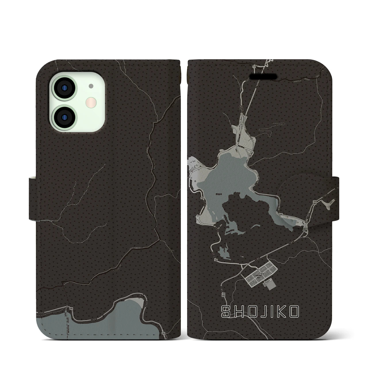 【精進湖(山梨県)】地図柄iPhoneケース(手帳タイプ)モノトーン・iPhone 12 mini 用