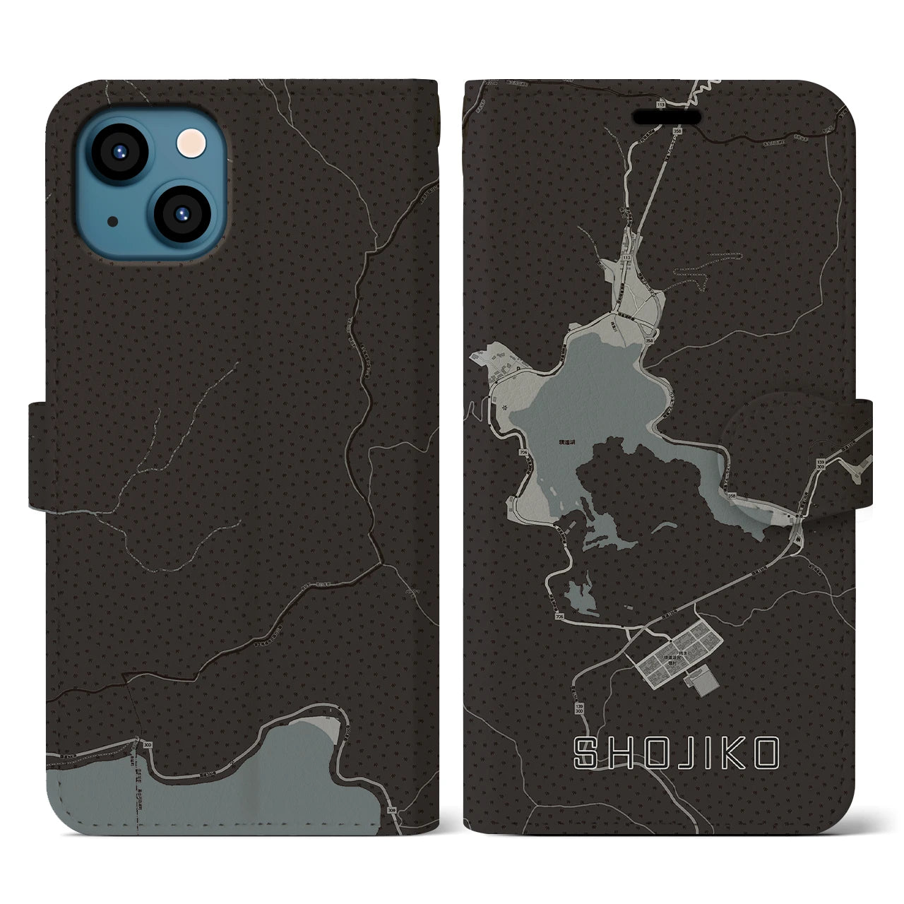 【精進湖(山梨県)】地図柄iPhoneケース(手帳タイプ)モノトーン・iPhone 13 用