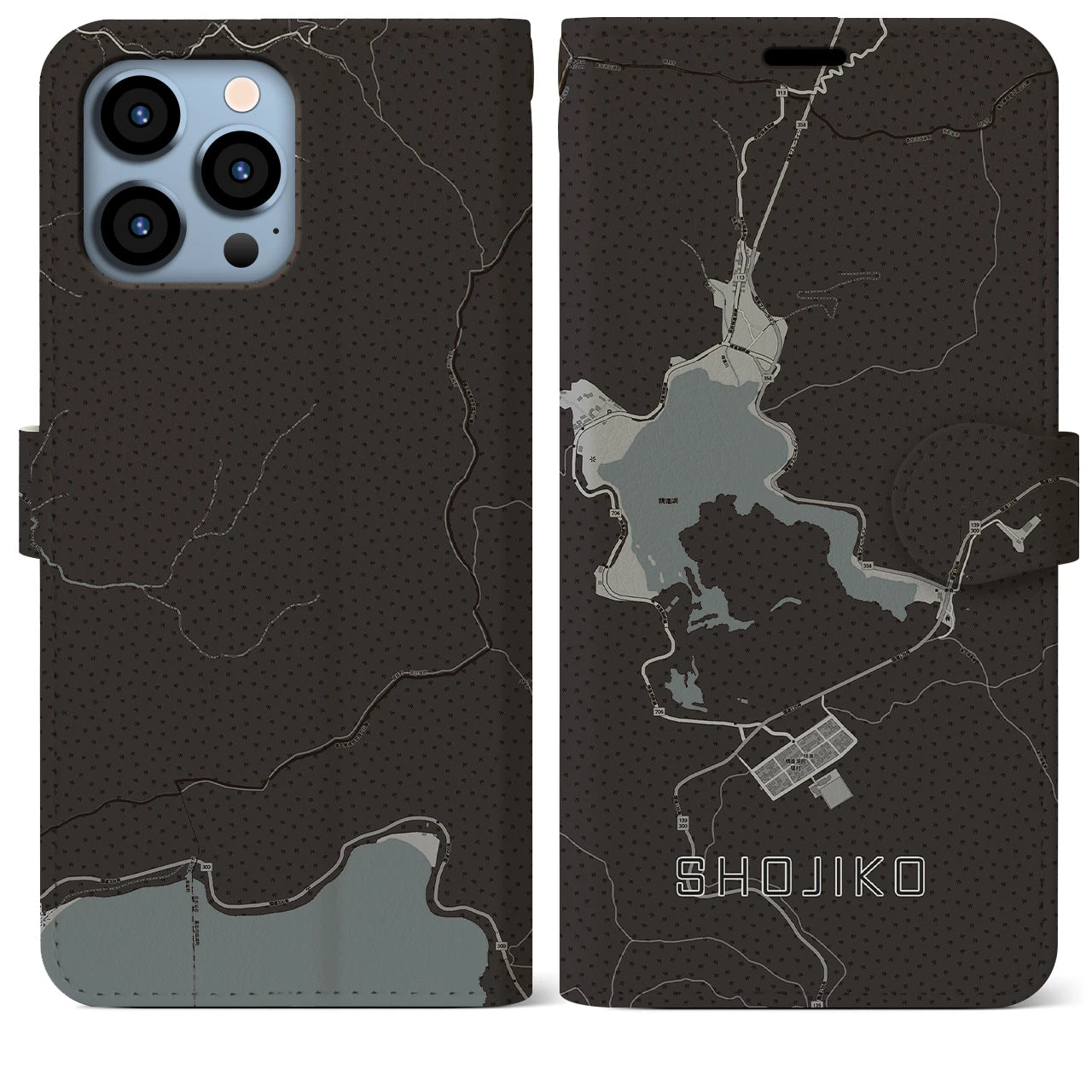 【精進湖(山梨県)】地図柄iPhoneケース(手帳タイプ)モノトーン・iPhone 13 Pro Max 用