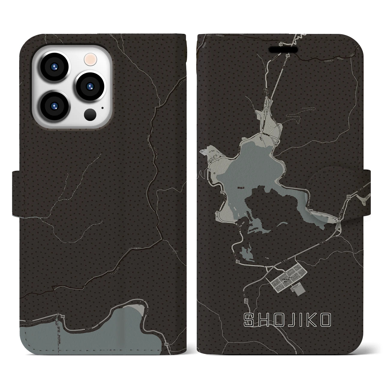 【精進湖(山梨県)】地図柄iPhoneケース(手帳タイプ)モノトーン・iPhone 13 Pro 用