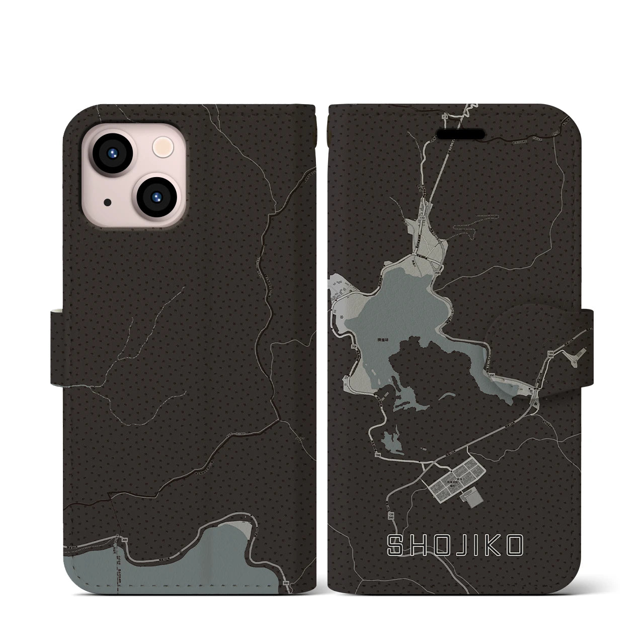 【精進湖(山梨県)】地図柄iPhoneケース(手帳タイプ)モノトーン・iPhone 13 mini 用