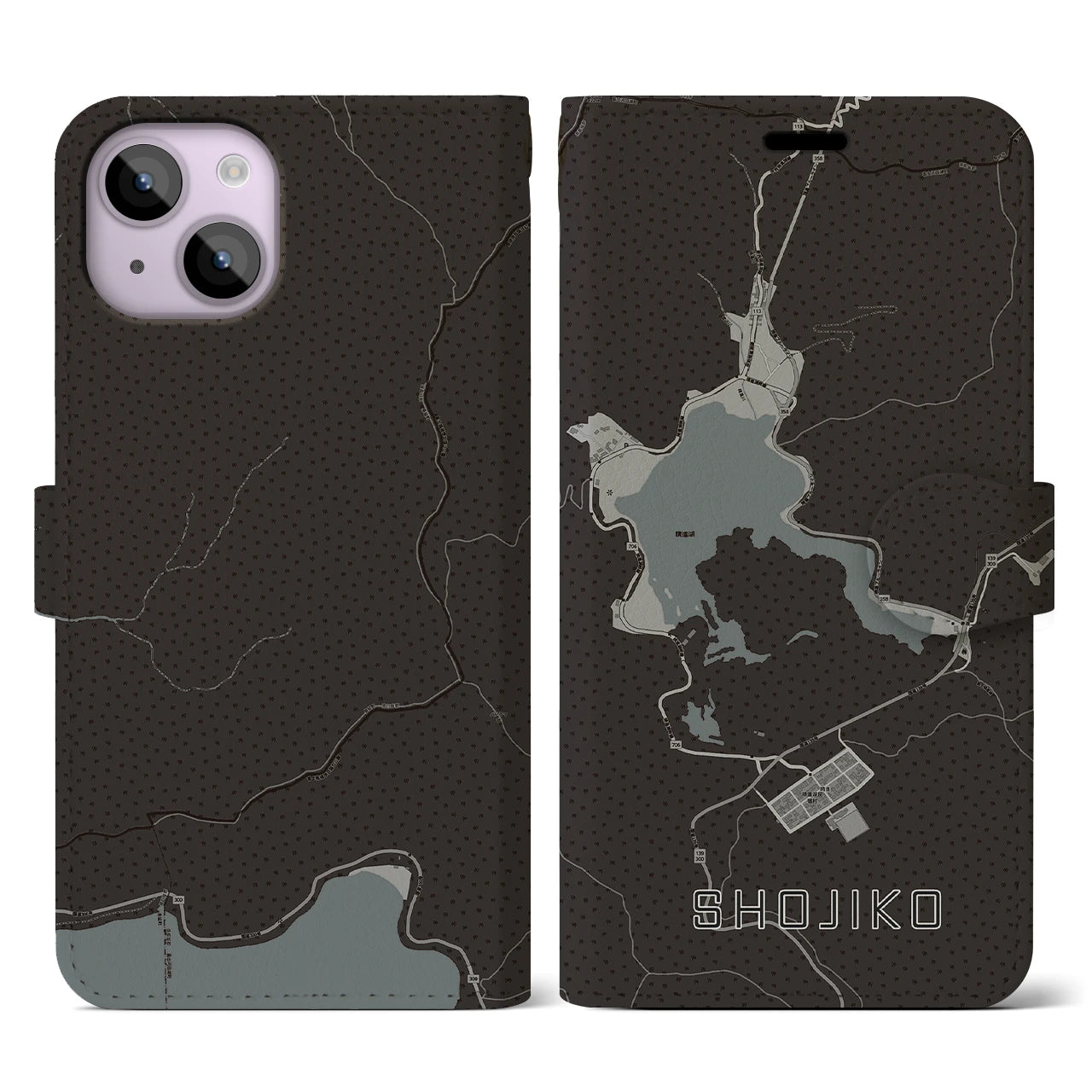 【精進湖(山梨県)】地図柄iPhoneケース(手帳タイプ)モノトーン・iPhone 14 用