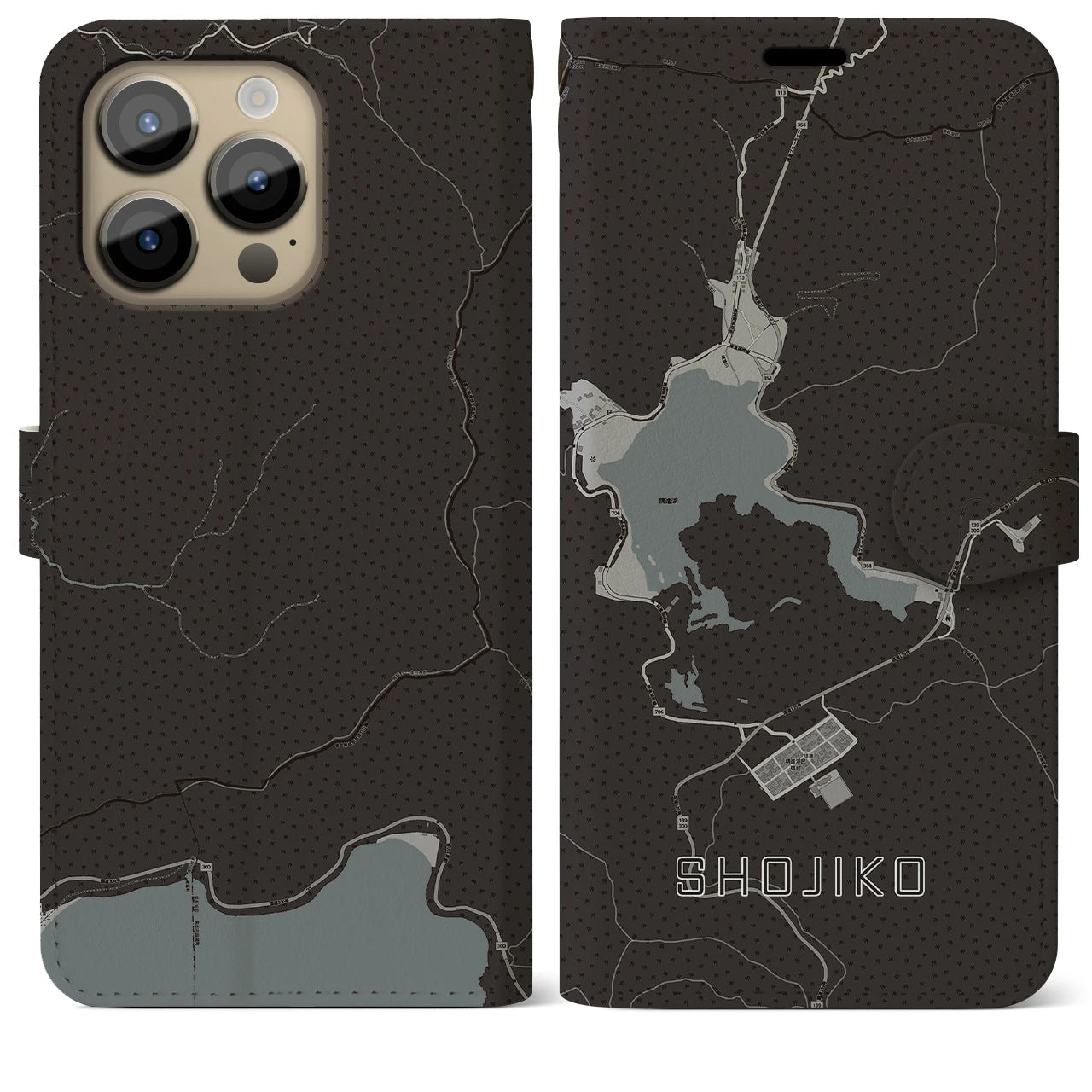 【精進湖(山梨県)】地図柄iPhoneケース(手帳タイプ)モノトーン・iPhone 14 Pro Max 用