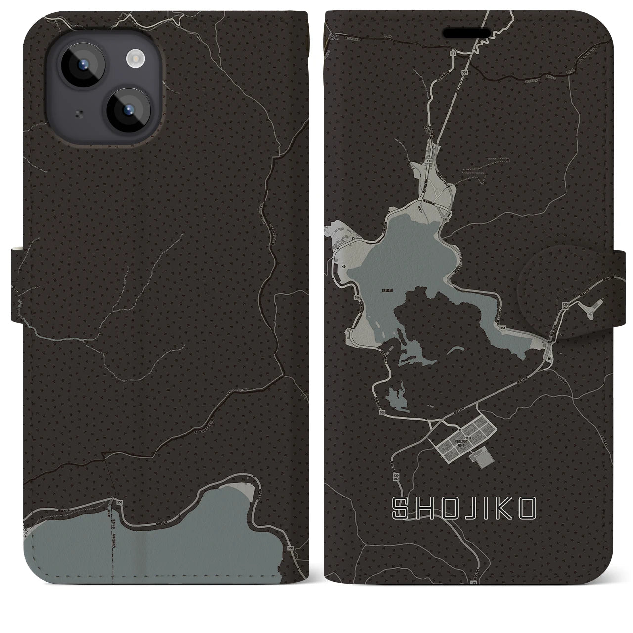 【精進湖(山梨県)】地図柄iPhoneケース(手帳タイプ)モノトーン・iPhone 14 Plus 用