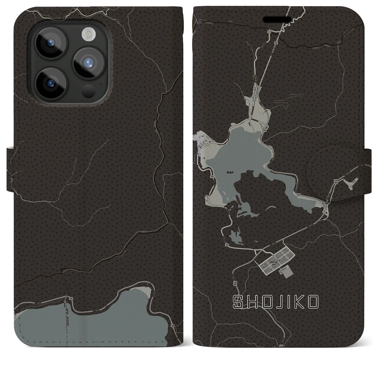 【精進湖(山梨県)】地図柄iPhoneケース(手帳タイプ)モノトーン・iPhone 15 Pro Max 用