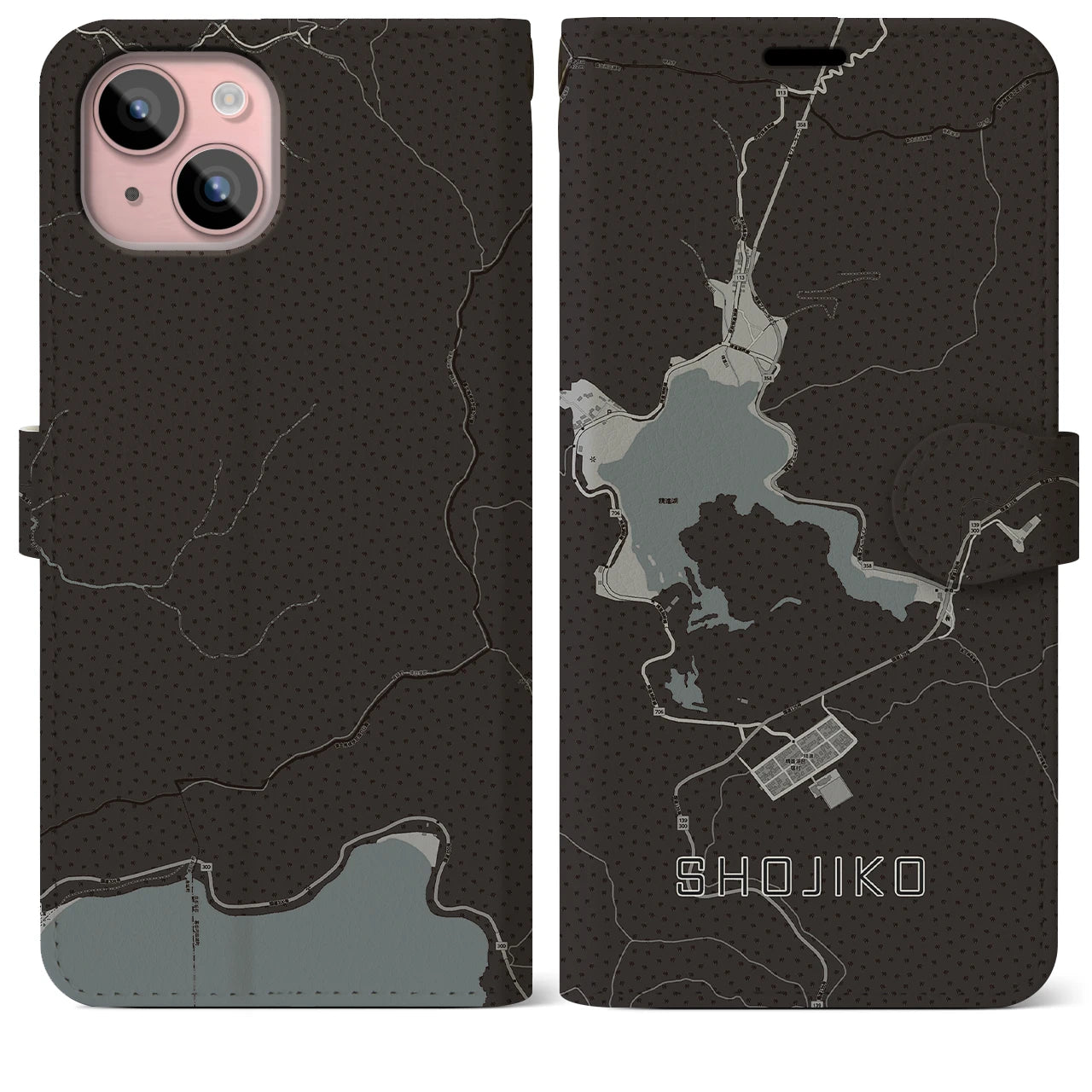 【精進湖(山梨県)】地図柄iPhoneケース(手帳タイプ)モノトーン・iPhone 15 Plus 用