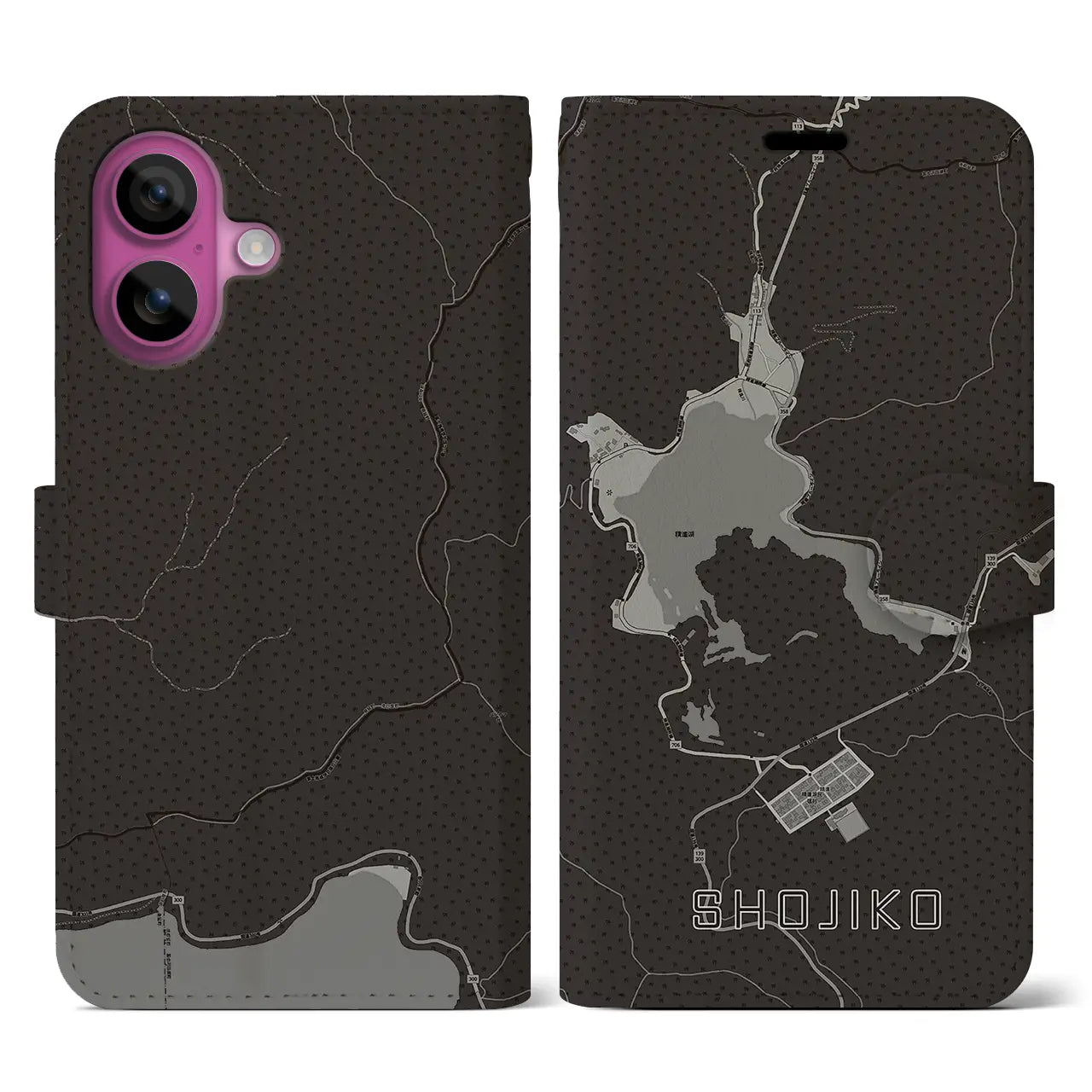 【精進湖(山梨県)】地図柄iPhoneケース(手帳タイプ)モノトーン・iPhone 16 Pro 用