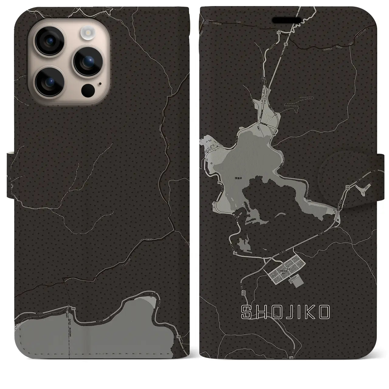 【精進湖(山梨県)】地図柄iPhoneケース(手帳タイプ)モノトーン・iPhone 16 Plus 用
