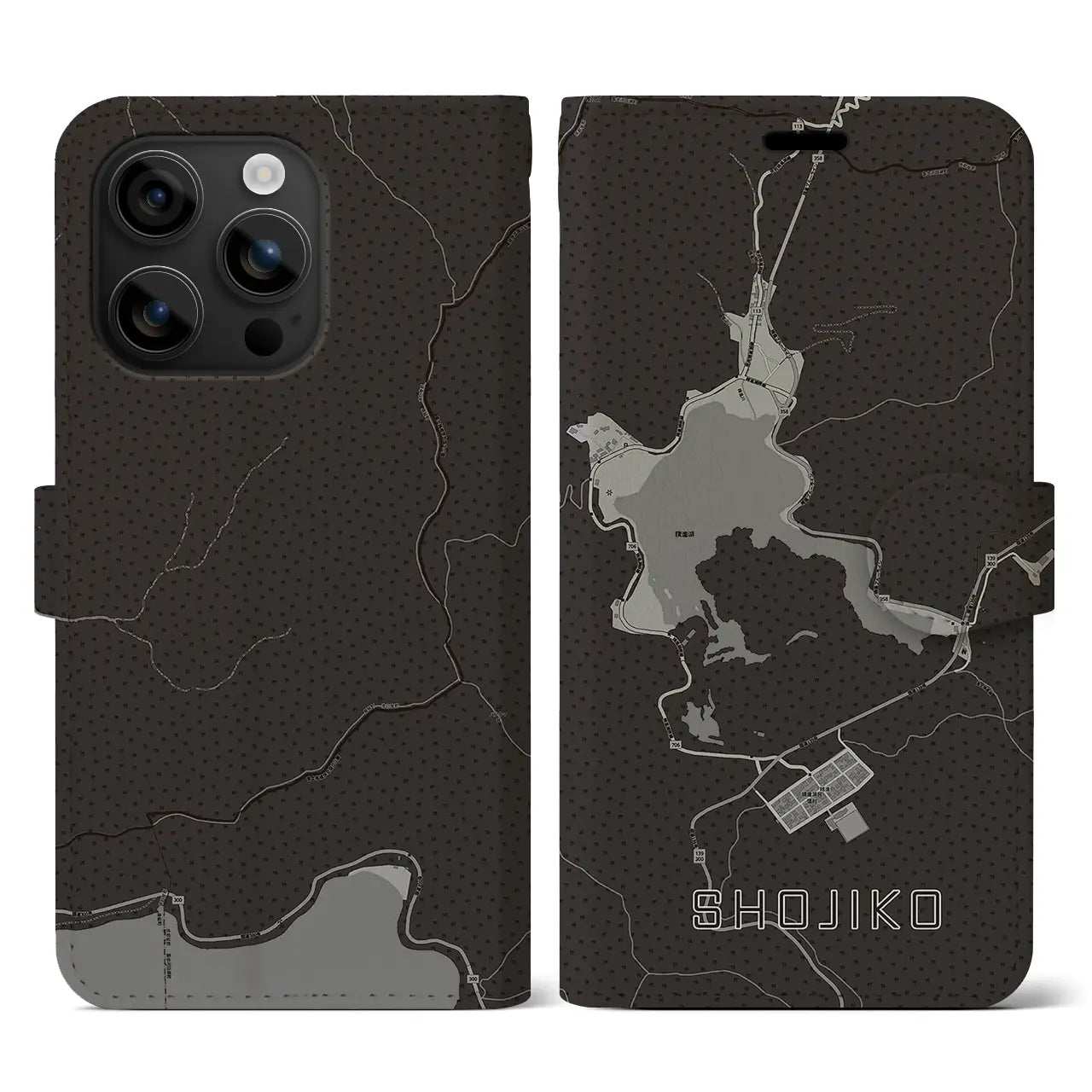 【精進湖(山梨県)】地図柄iPhoneケース(手帳タイプ)モノトーン・iPhone 16 用