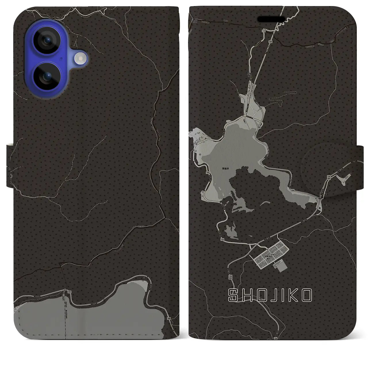 【精進湖(山梨県)】地図柄iPhoneケース(手帳タイプ)モノトーン・iPhone 16 Pro Max 用