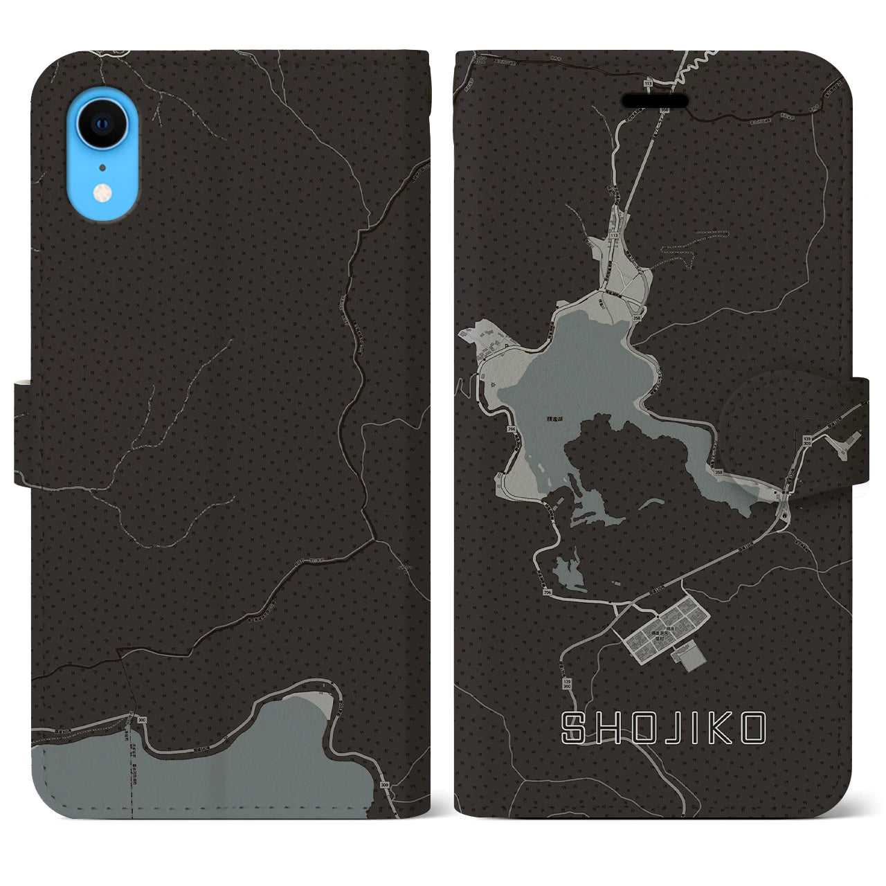 【精進湖(山梨県)】地図柄iPhoneケース(手帳タイプ)モノトーン・iPhone XR 用