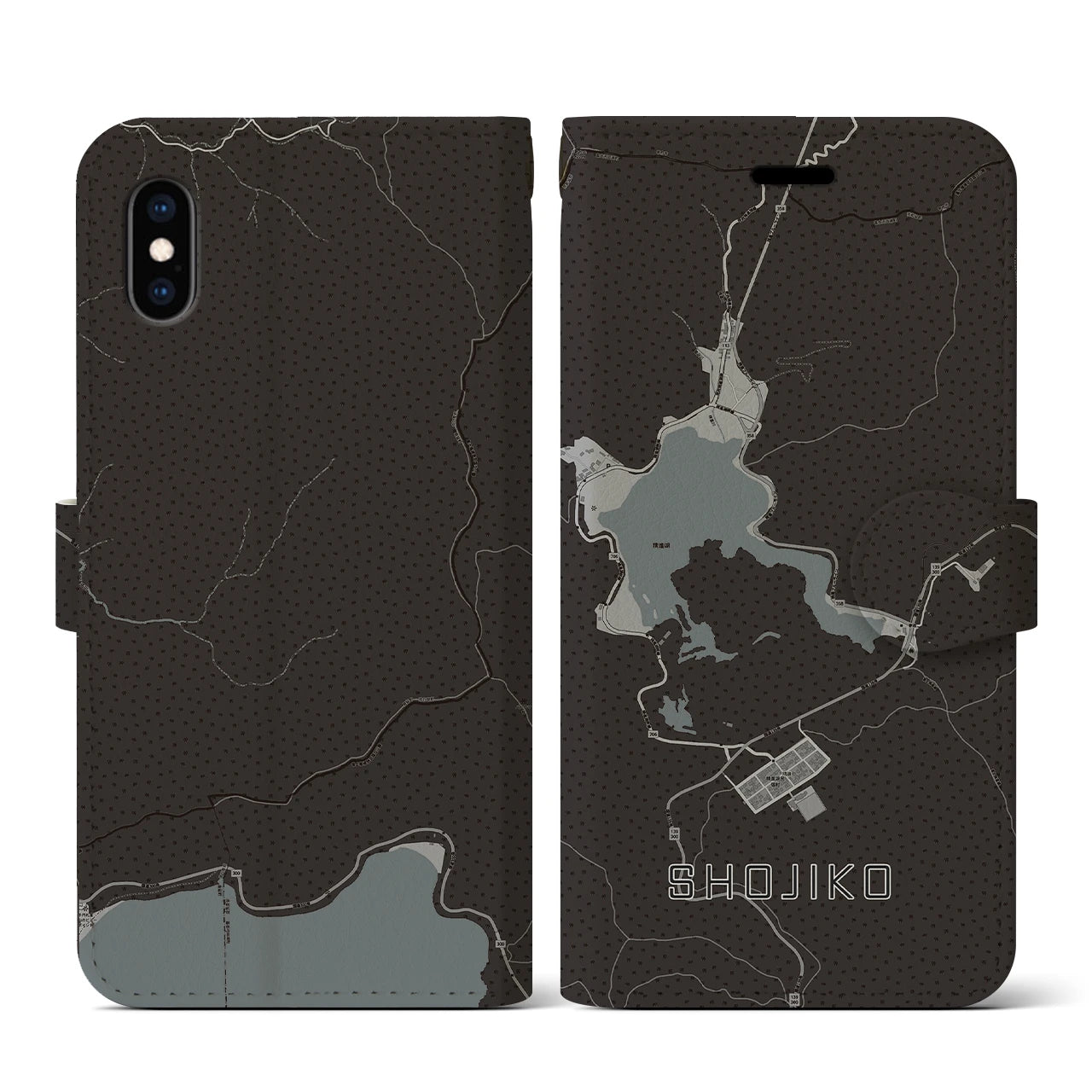 【精進湖(山梨県)】地図柄iPhoneケース(手帳タイプ)モノトーン・iPhone XS / X 用