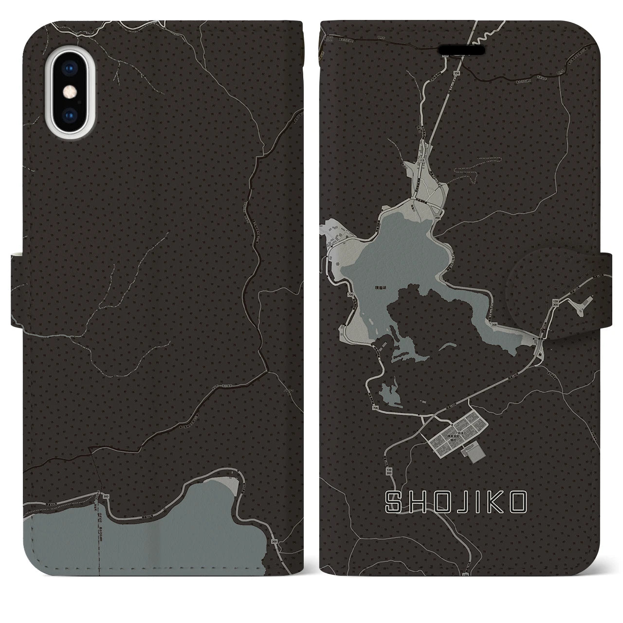 【精進湖(山梨県)】地図柄iPhoneケース(手帳タイプ)モノトーン・iPhone XS Max 用