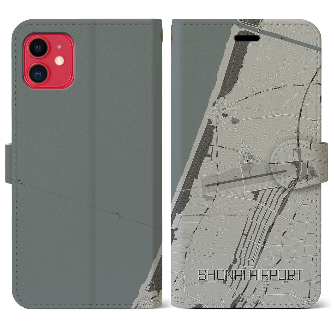 【庄内空港(山形県)】地図柄iPhoneケース(手帳タイプ)モノトーン・iPhone 11 用