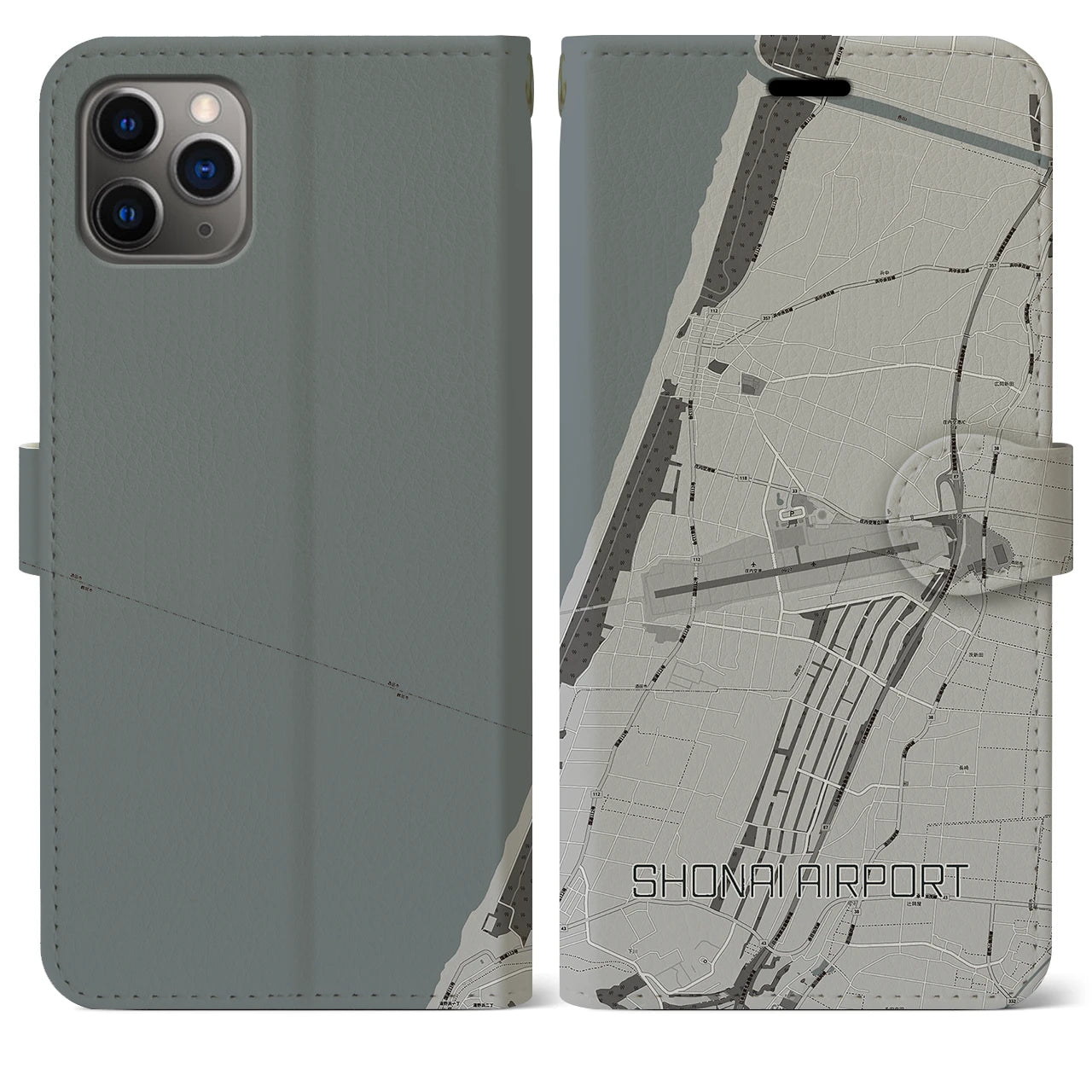 【庄内空港(山形県)】地図柄iPhoneケース(手帳タイプ)モノトーン・iPhone 11 Pro Max 用