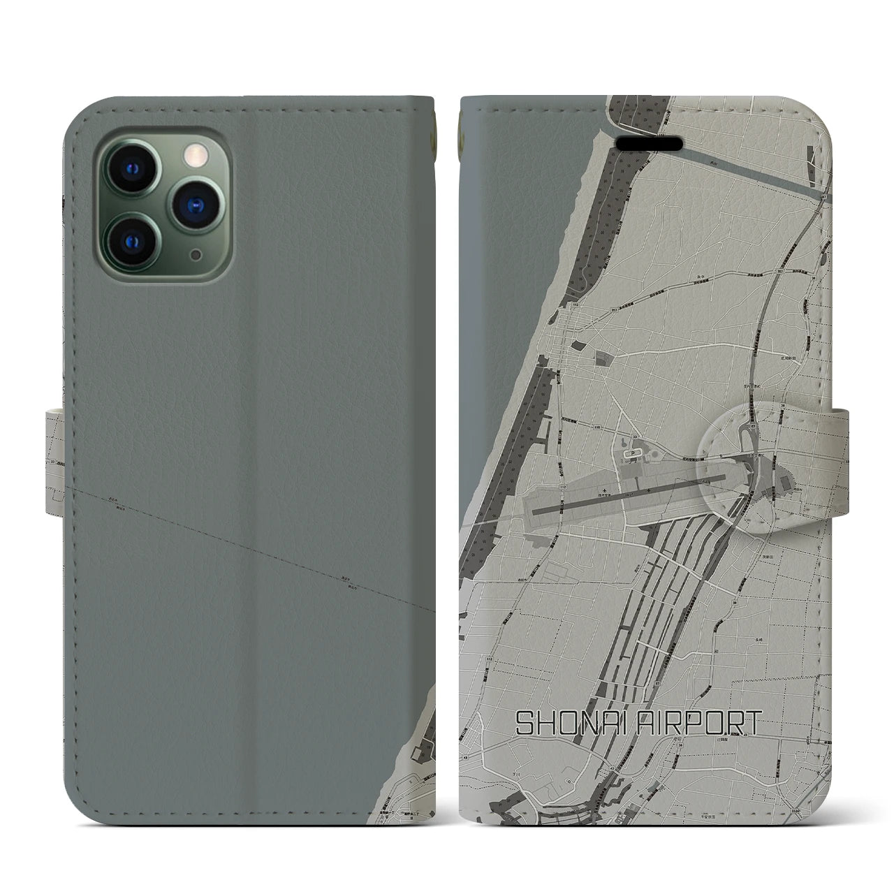 【庄内空港(山形県)】地図柄iPhoneケース(手帳タイプ)モノトーン・iPhone 11 Pro 用