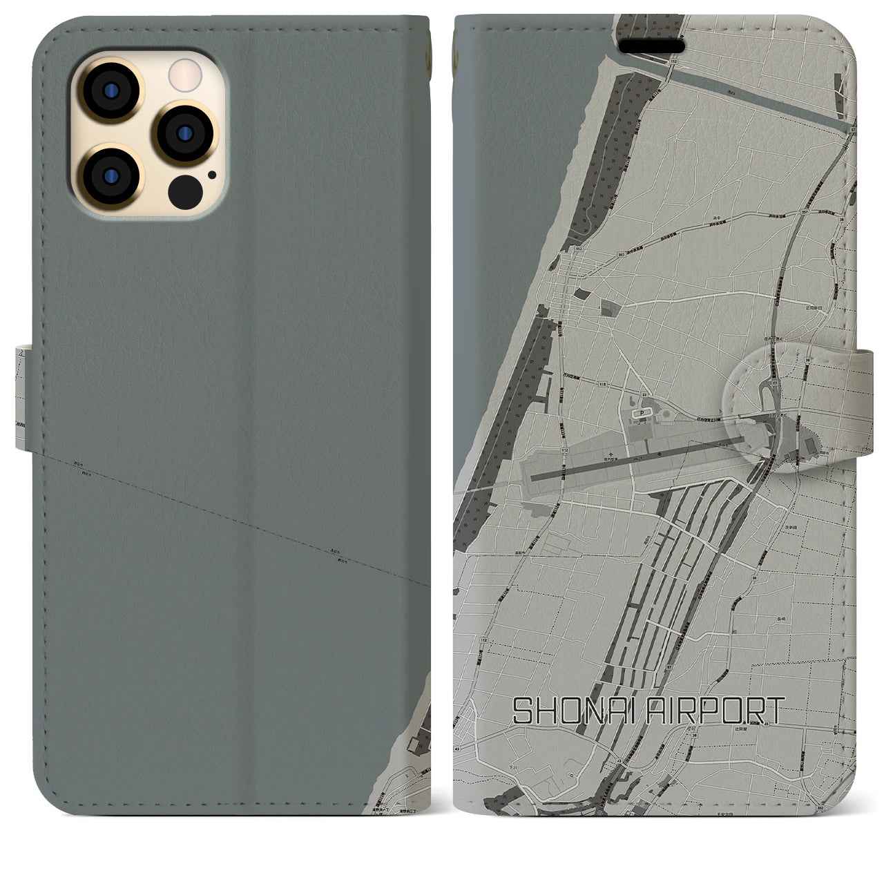 【庄内空港(山形県)】地図柄iPhoneケース(手帳タイプ)モノトーン・iPhone 12 Pro Max 用