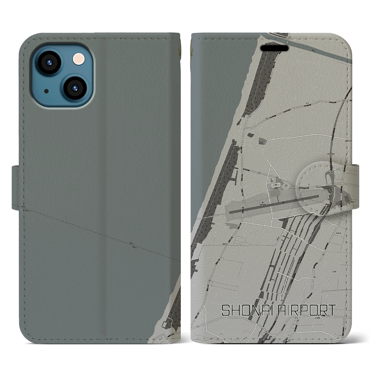 【庄内空港(山形県)】地図柄iPhoneケース(手帳タイプ)モノトーン・iPhone 13 用