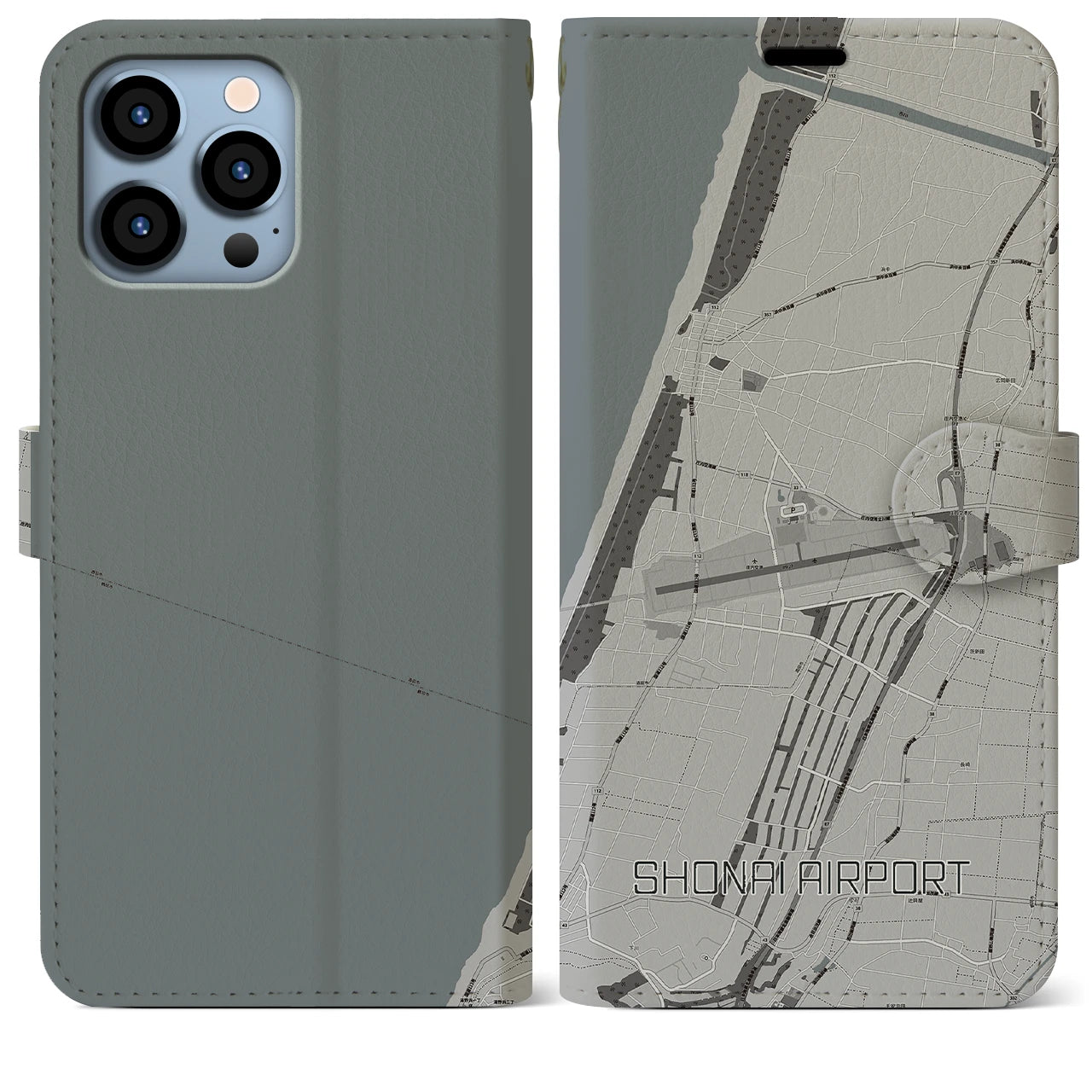 【庄内空港(山形県)】地図柄iPhoneケース(手帳タイプ)モノトーン・iPhone 13 Pro Max 用