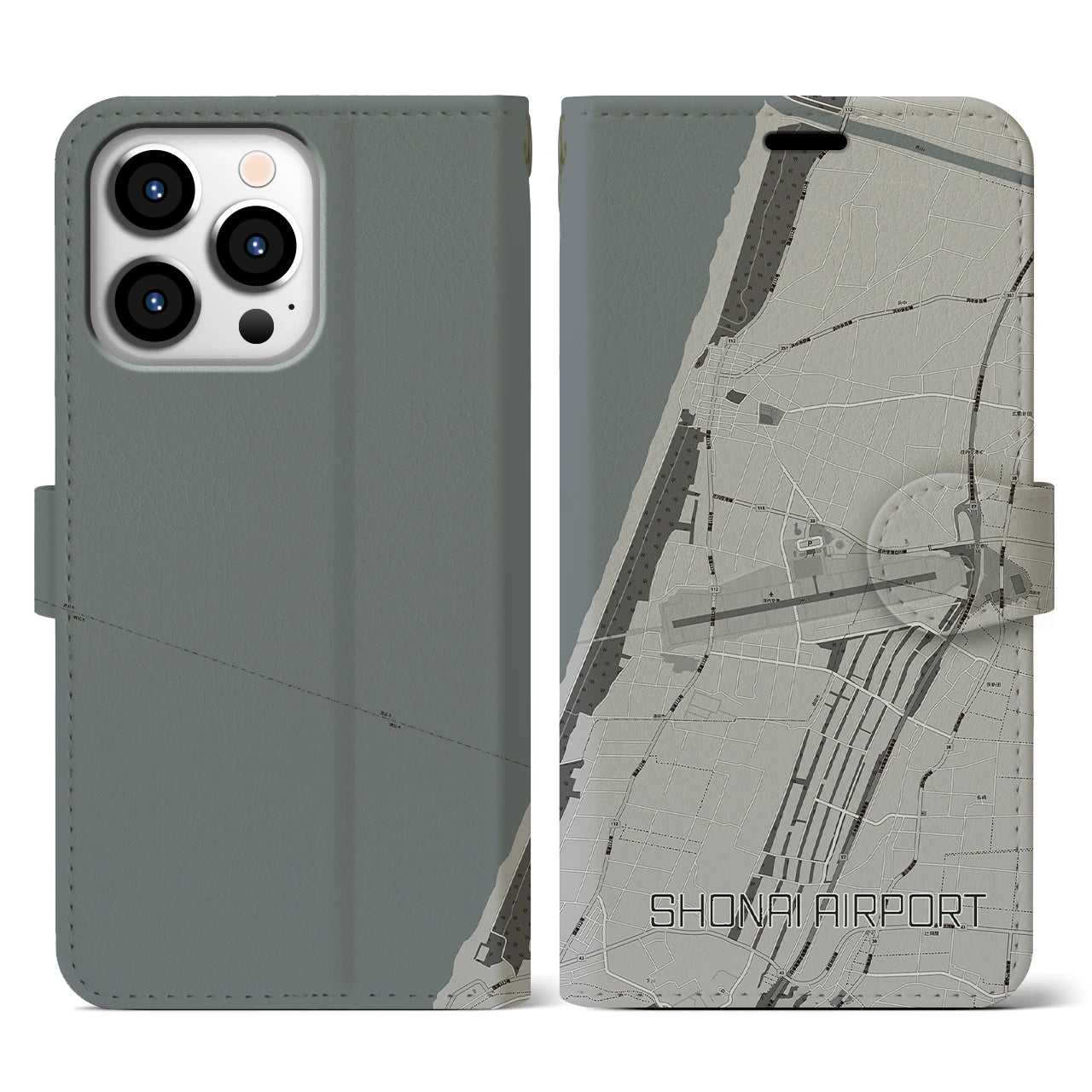 【庄内空港(山形県)】地図柄iPhoneケース(手帳タイプ)モノトーン・iPhone 13 Pro 用