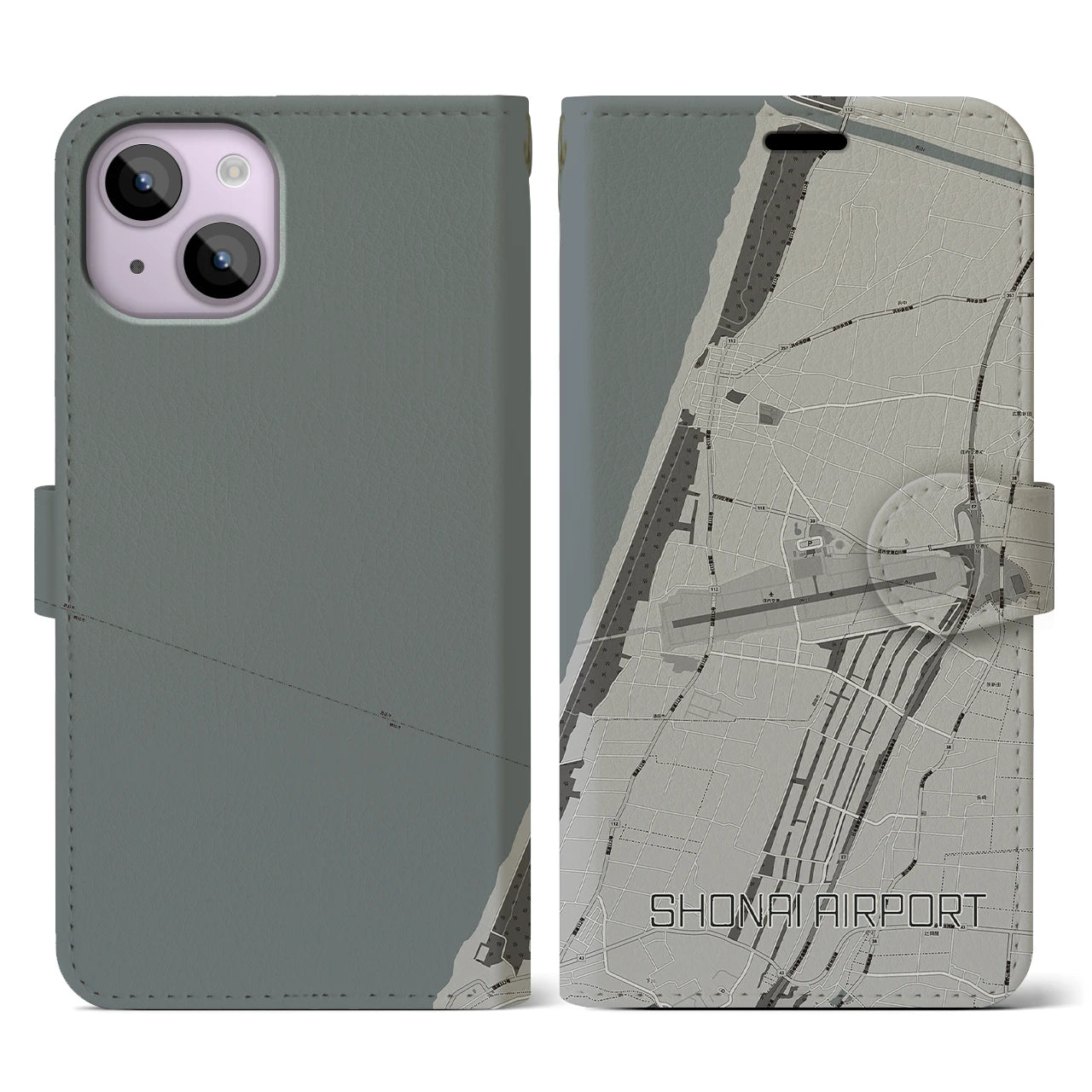 【庄内空港(山形県)】地図柄iPhoneケース(手帳タイプ)モノトーン・iPhone 14 用