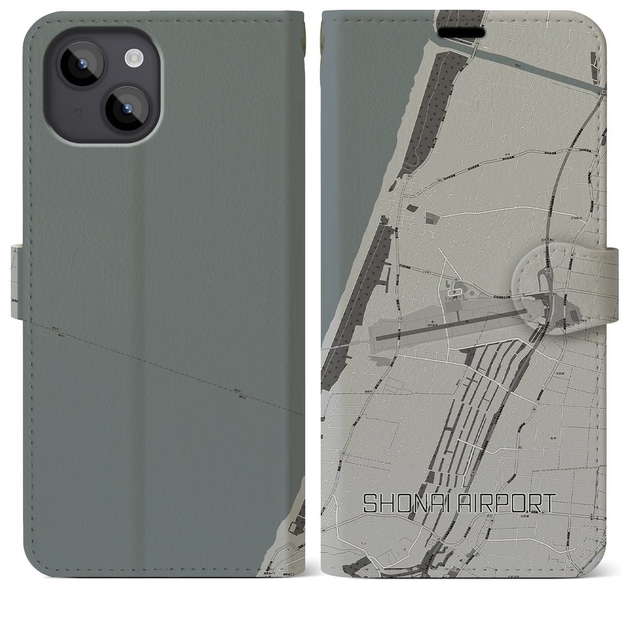 【庄内空港(山形県)】地図柄iPhoneケース(手帳タイプ)モノトーン・iPhone 14 Plus 用