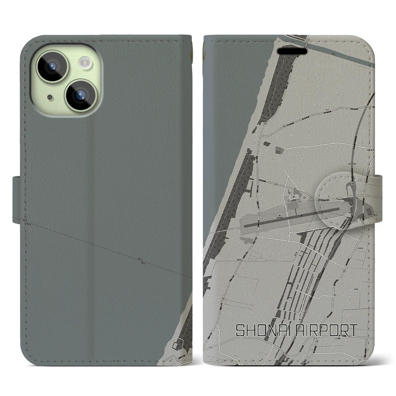 【庄内空港(山形県)】地図柄iPhoneケース(手帳タイプ)モノトーン・iPhone 15 用