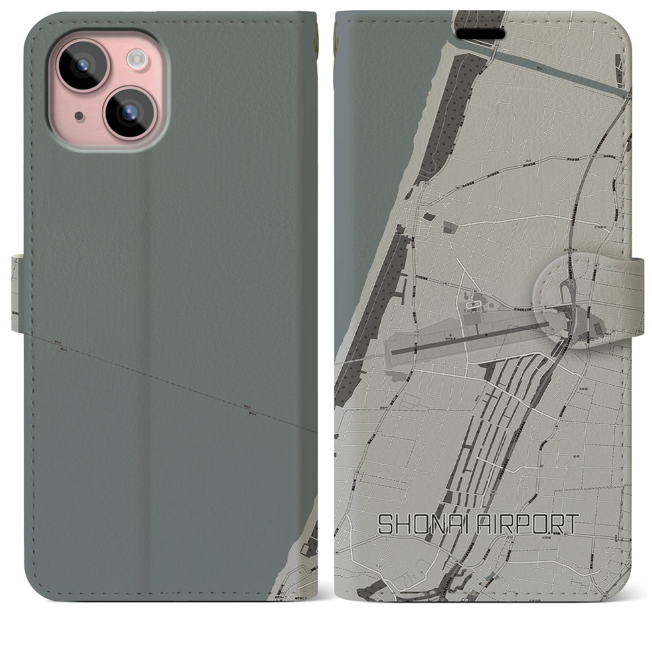 【庄内空港(山形県)】地図柄iPhoneケース(手帳タイプ)モノトーン・iPhone 15 Plus 用