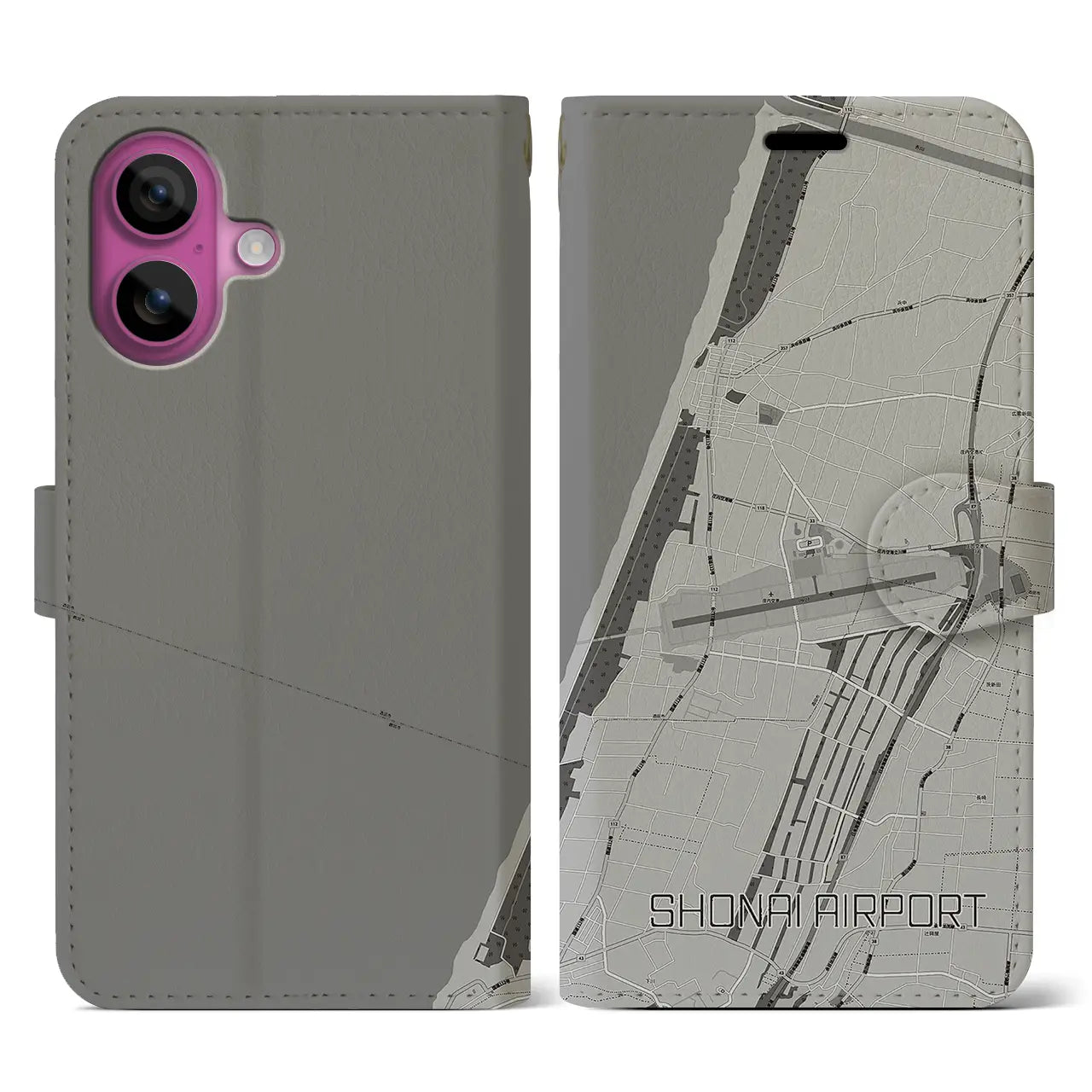 【庄内空港(山形県)】地図柄iPhoneケース(手帳タイプ)モノトーン・iPhone 16 Pro 用