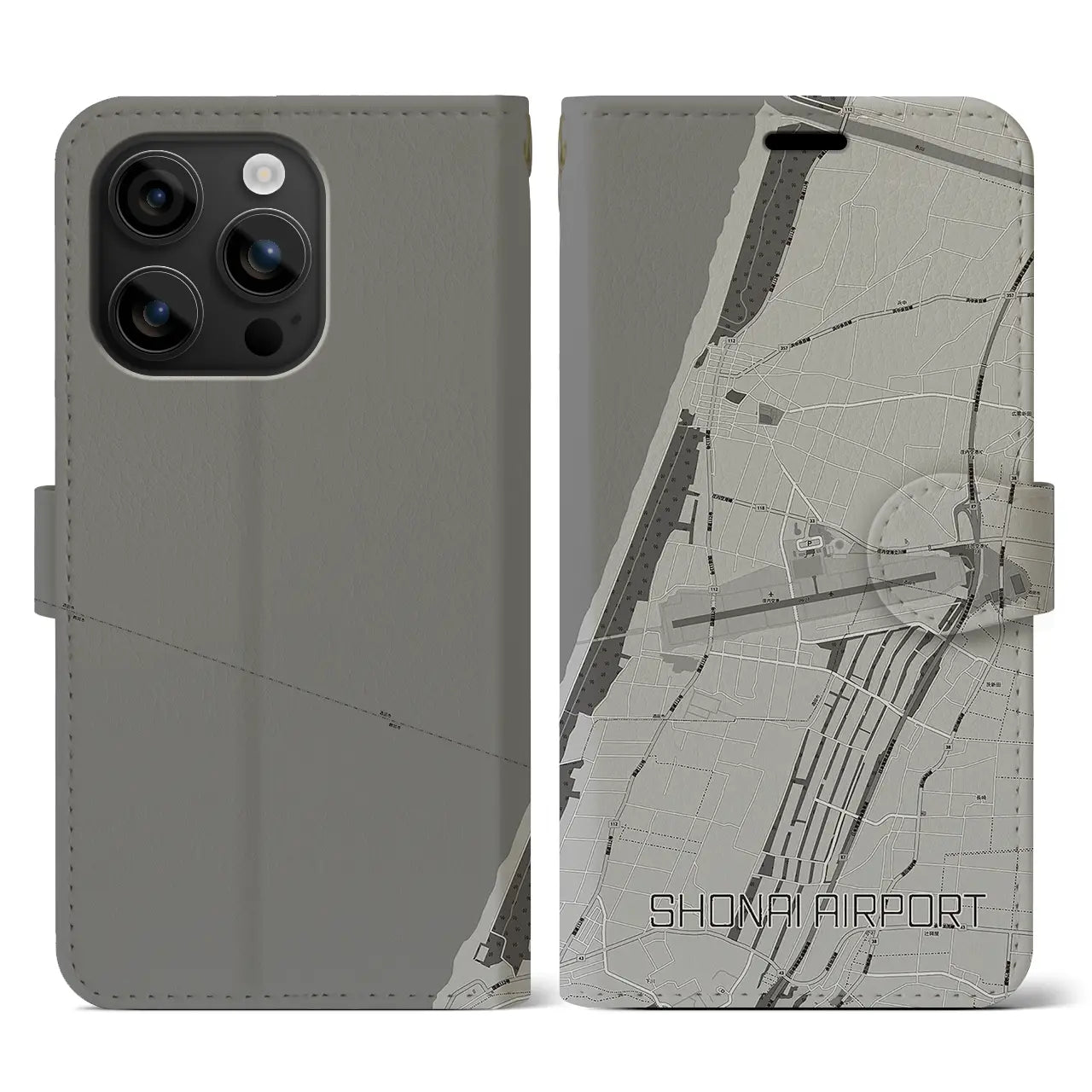 【庄内空港(山形県)】地図柄iPhoneケース(手帳タイプ)モノトーン・iPhone 16 用