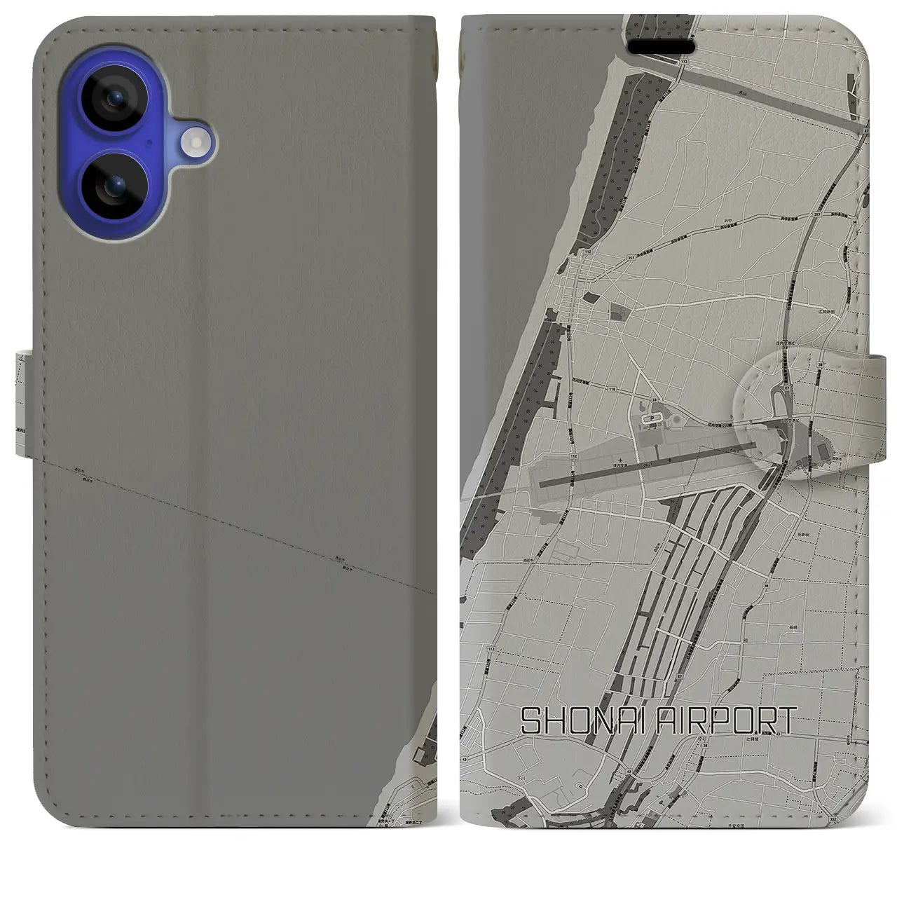 【庄内空港(山形県)】地図柄iPhoneケース(手帳タイプ)モノトーン・iPhone 16 Pro Max 用