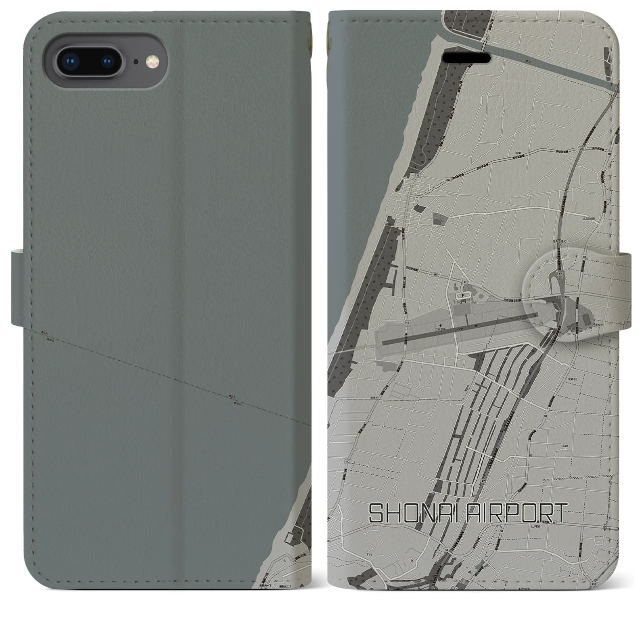 【庄内空港(山形県)】地図柄iPhoneケース(手帳タイプ)モノトーン・iPhone 8Plus /7Plus / 6sPlus / 6Plus 用