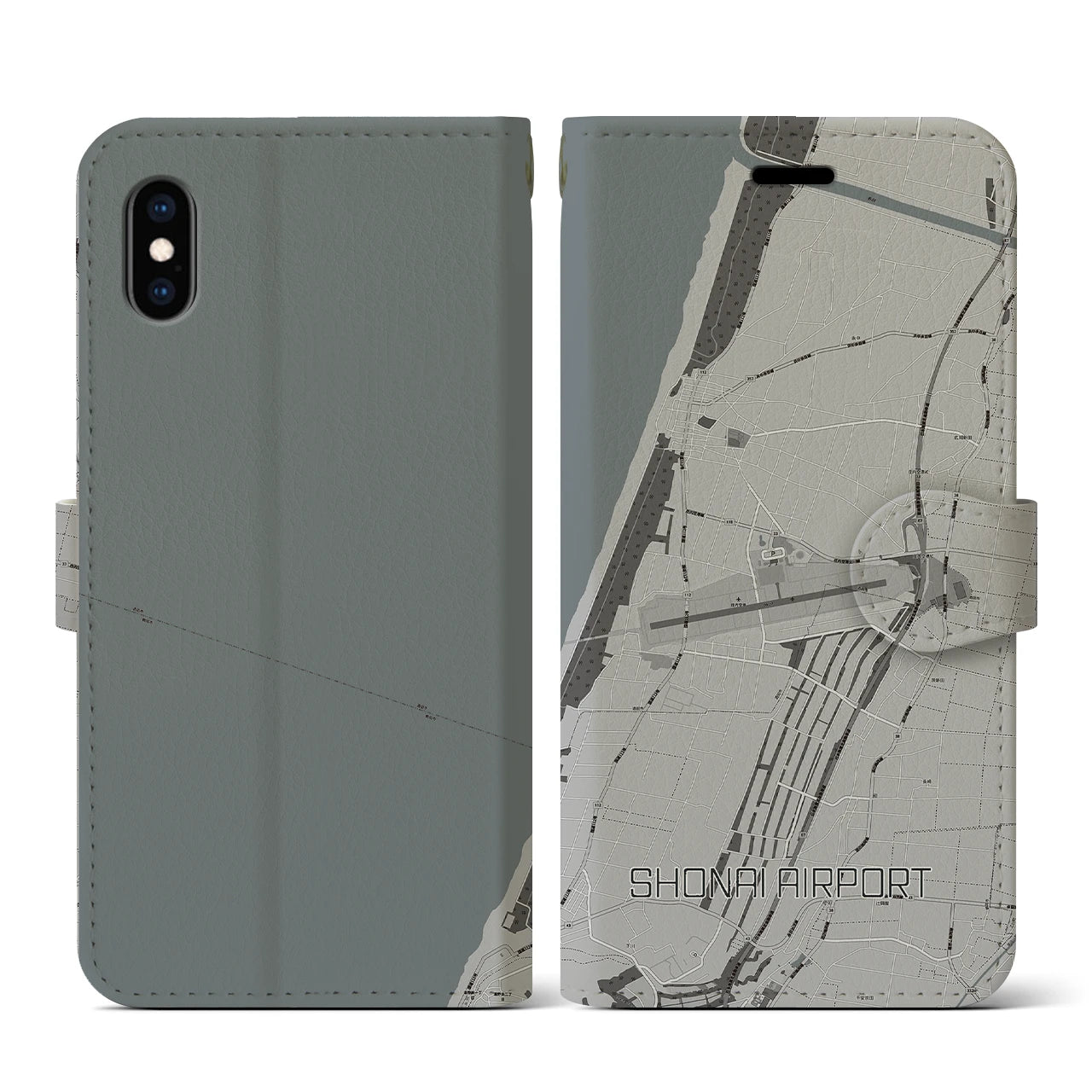 【庄内空港(山形県)】地図柄iPhoneケース(手帳タイプ)モノトーン・iPhone XS / X 用