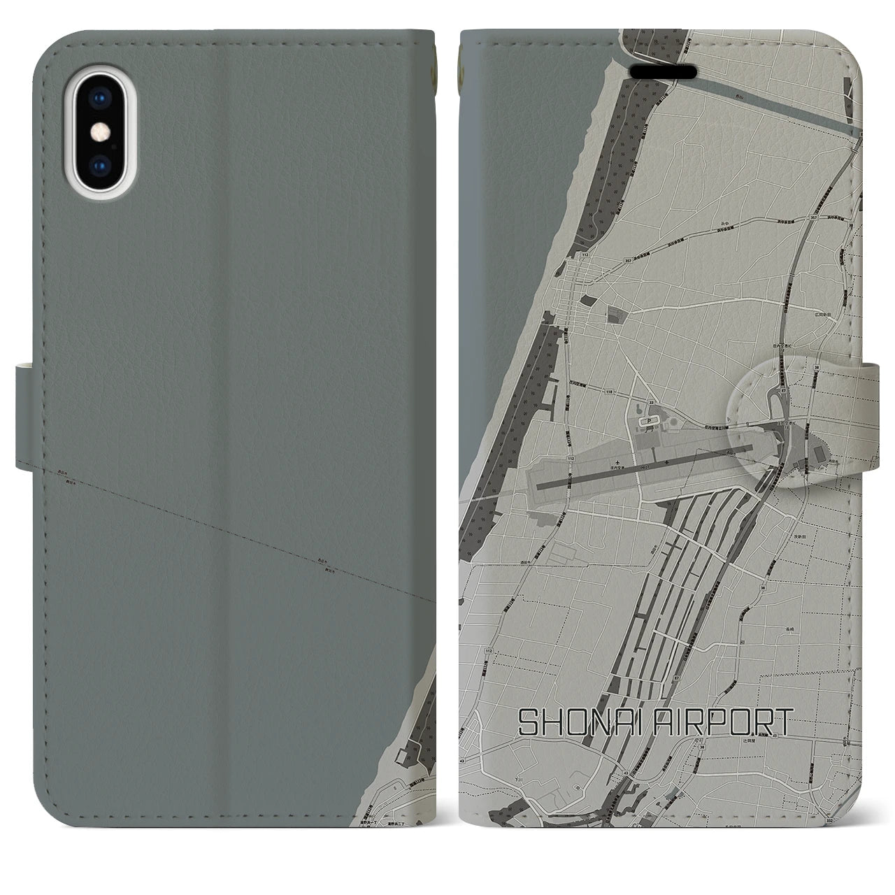 【庄内空港(山形県)】地図柄iPhoneケース(手帳タイプ)モノトーン・iPhone XS Max 用