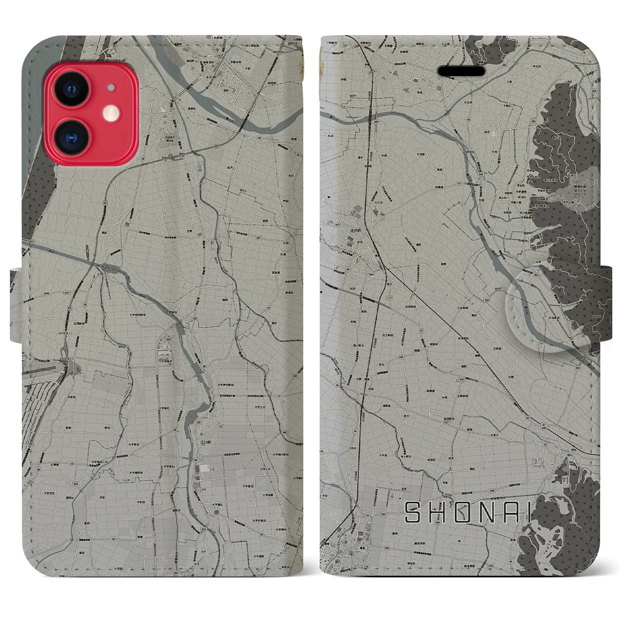 【庄内(山形県)】地図柄iPhoneケース(手帳タイプ)モノトーン・iPhone 11 用