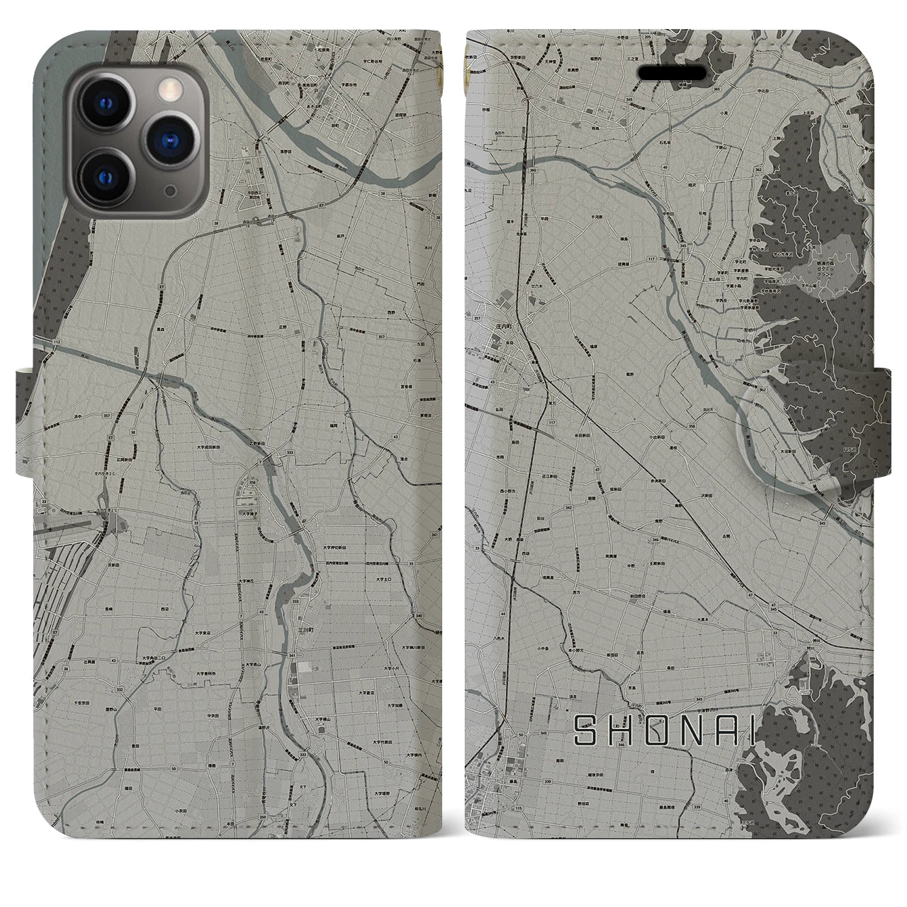 【庄内(山形県)】地図柄iPhoneケース(手帳タイプ)モノトーン・iPhone 11 Pro Max 用